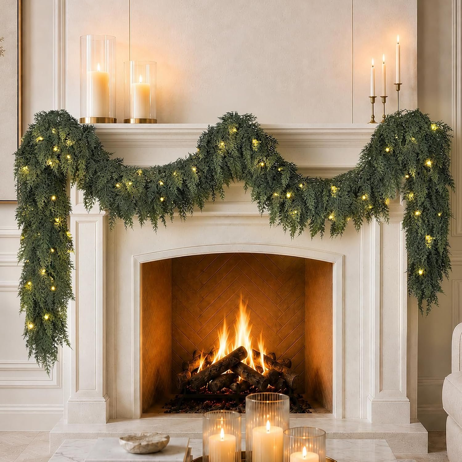 9FT Christmas Cedar Garland with Lights Prelit Pine Garland Christmas Decor | Soft Real Touch Lighted Garland 8 Modes Timer Realistic No Shedding Artificial Greenery Fireplace Mantel Stairs Door Porch
