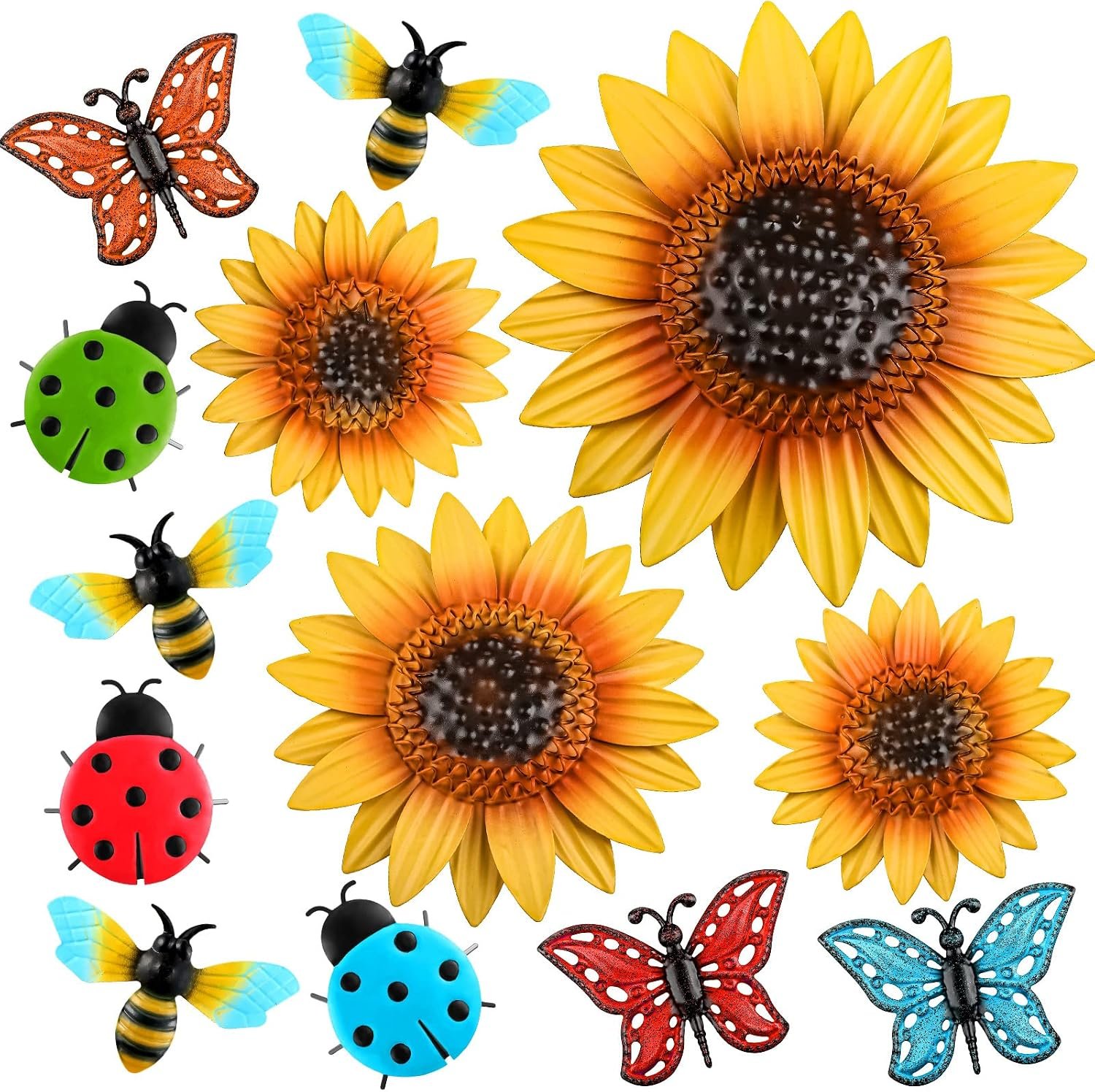 12 Pcs Metal Sunflower Wall Decor Colorful Metal Dragonfly Butterfly Outdoor Decor Garden Fence Patio Yard Flowers Wall Art Summer Flowers Hanging for Home VBS 2026(Novelty Style)
