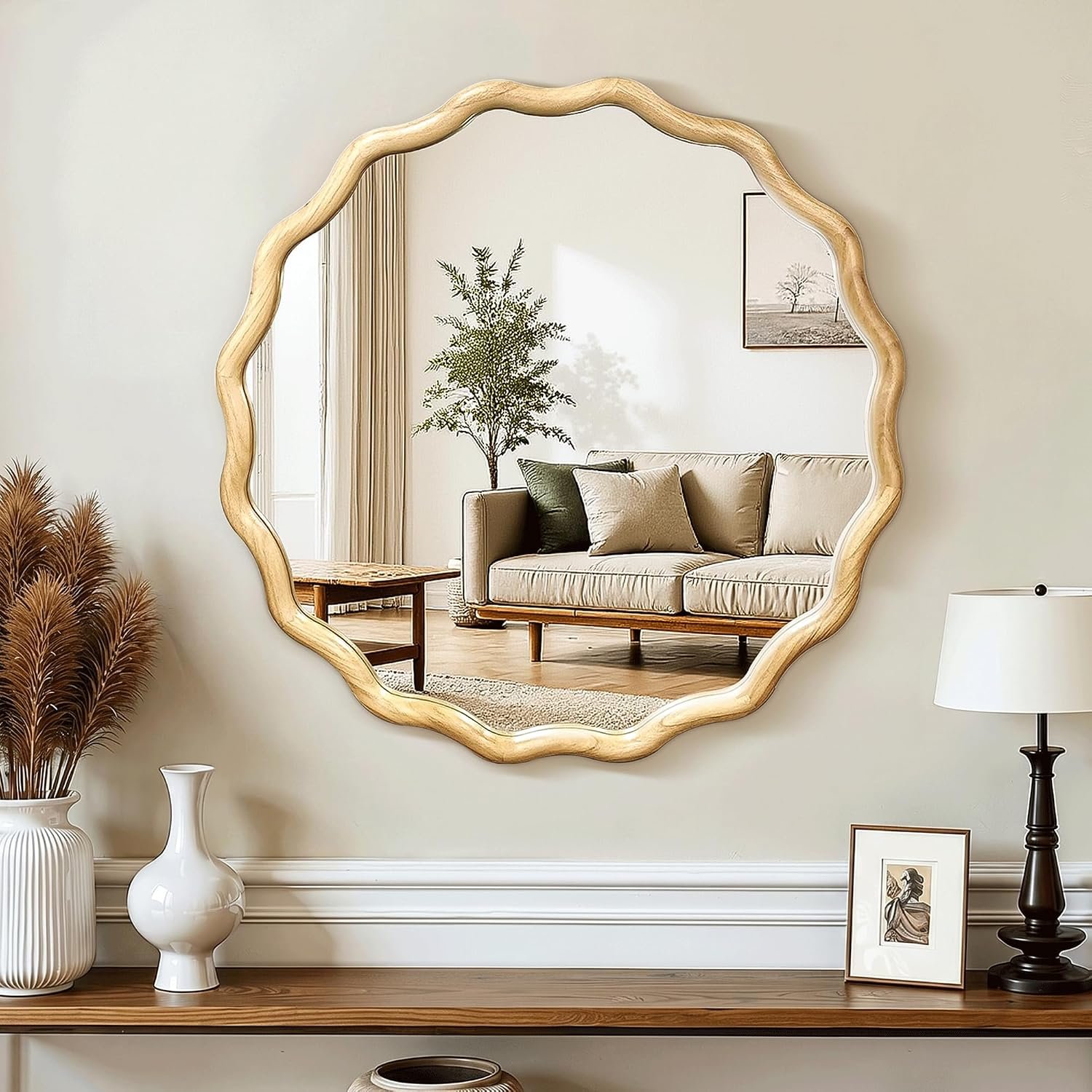Round Wood Wavy Mirror for Wall, 24″ Boho Circle Mirror | Scalloped Wood Frame, HD Shatterproof Glass, Decorative Wall Mirror for Vanity, Bedroom, Entryway, Living Room & Dresser