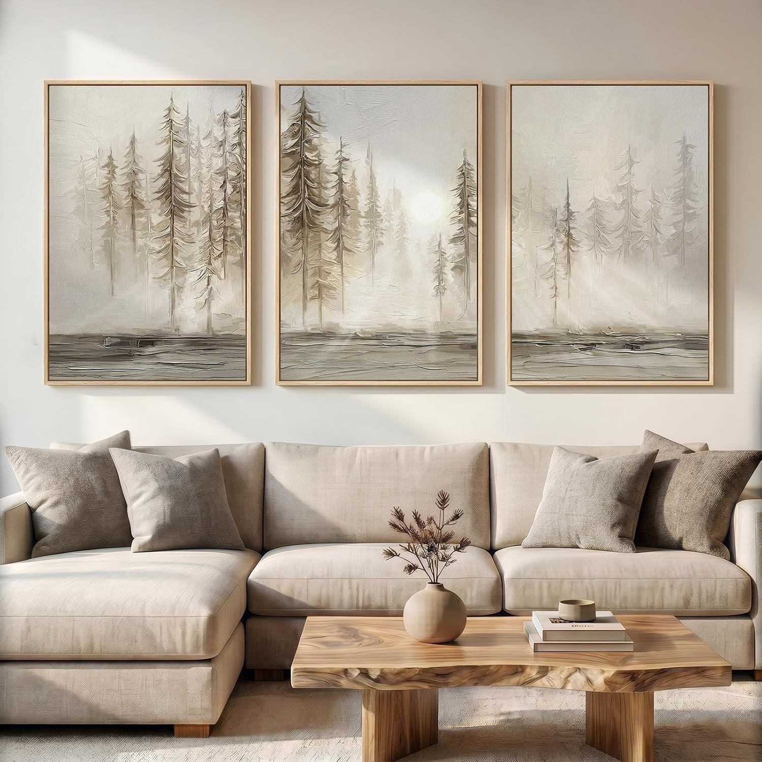 Framed Neutral Wall Art for Living Room, Large 3 Piece Abstract Pastel Grunge Forest Landscape Tree Canvas Artwork Set, Modern Art Decorative Nordic Painting Picture Prints for Hallway Office 24×36 In
