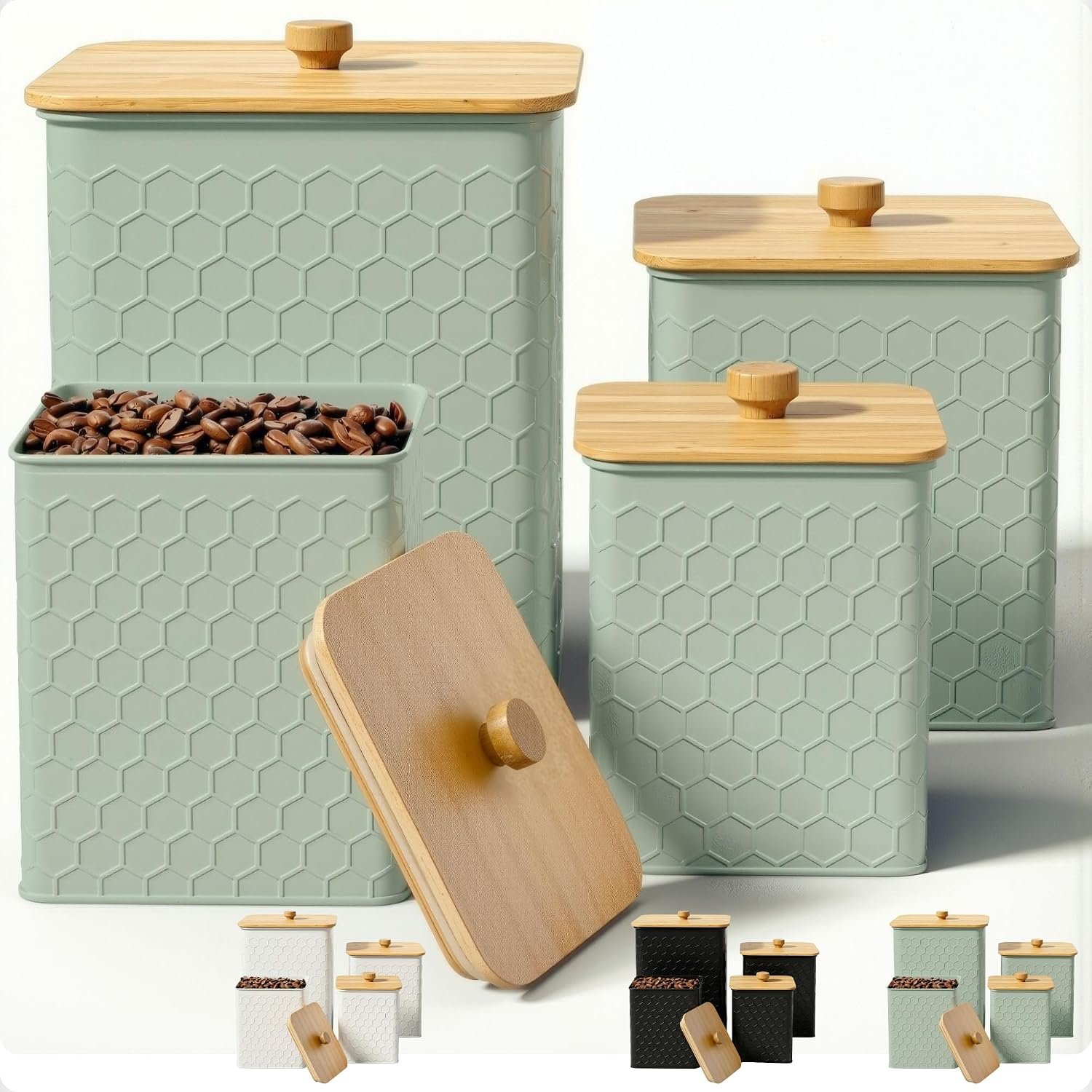 Kitchen Canisters for Countertop Set of 4 w/Airtight Easy Open Bamboo Lids | Rubber-Lined Bamboo Lids, Dent-Resistant Thick Metal, Stylish Honeycomb Pattern, 4-pc set, Volumes: 6.5, 3, 1.75, 1.25 quarts