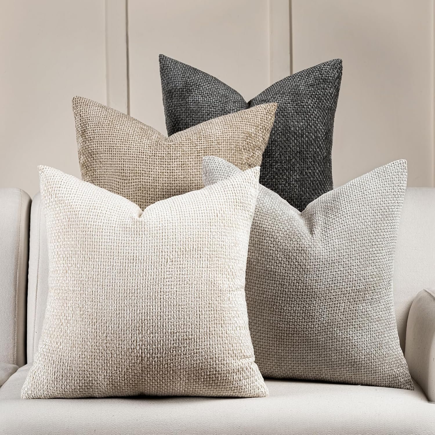 Volcanics Boho Throw Pillow Covers 20×20 Set of 4, Neutral Chenille Decorative Cushion Covers for Couch, Sofa, Bedroom, Living Room, Farmhouse & Mid-Century Modern Home Decor