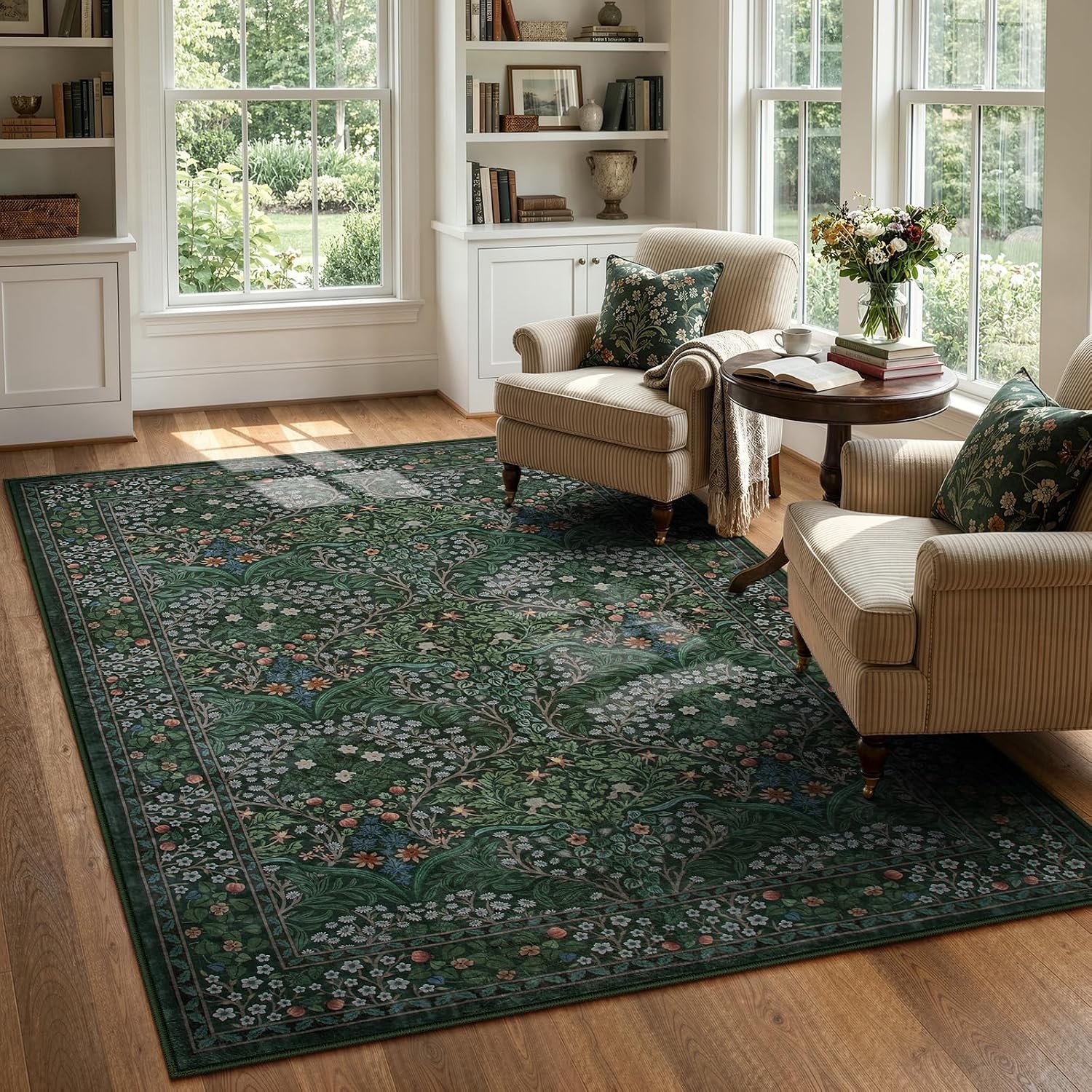 Lahome Dark Green Rugs 5×7, Soft Washable Rugs for Bedroom Reading Corner, Boho Non Slip Low Pile Forest Stain Resistance Floral Carpet for Living Room Office Giverny, Dark Green