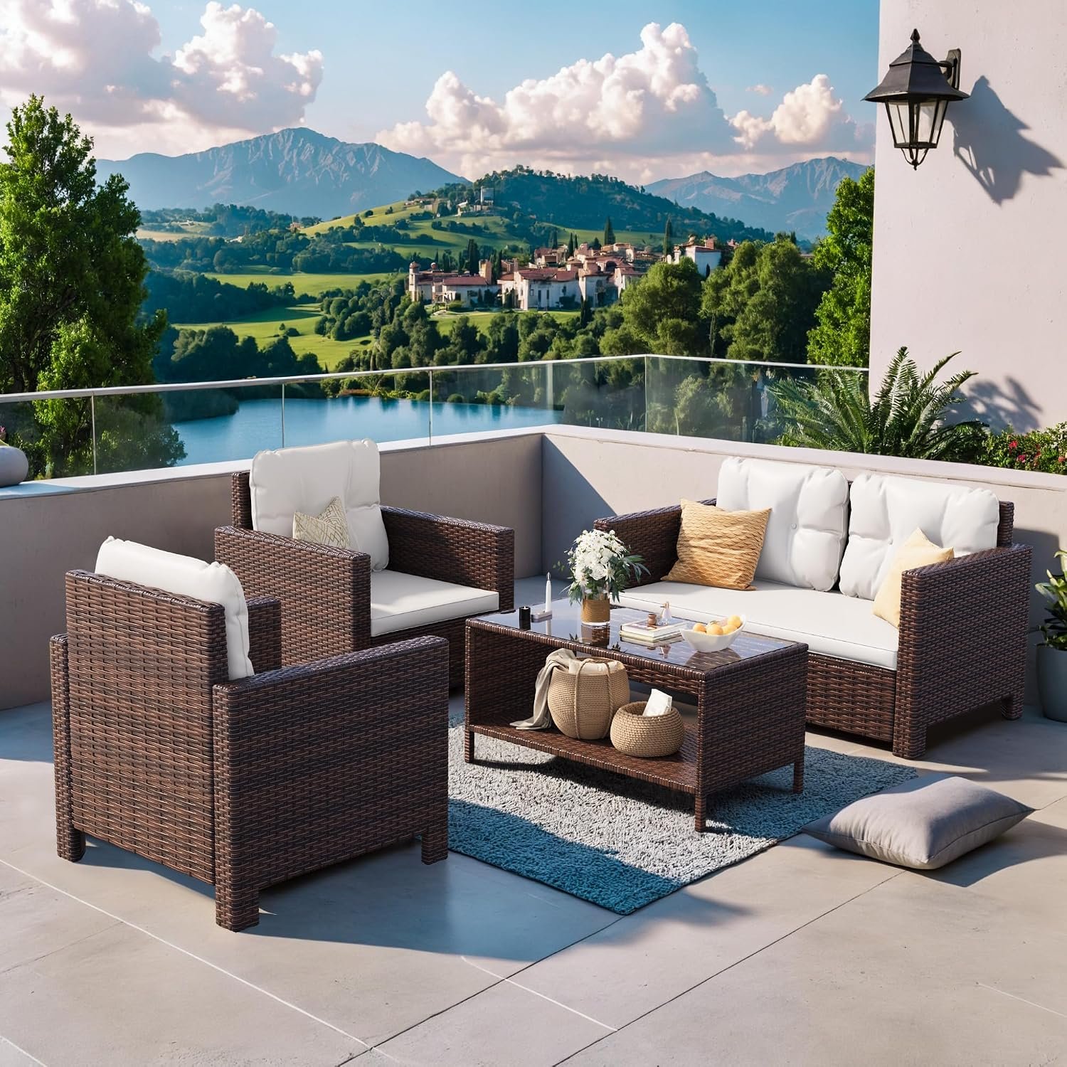 Homall 4 Pieces Patio Furniture Sets Wicker Chair Conversation Sofa | Patio Sofa PE Rattan Outdoor Indoor Backyard Porch Garden Poolside Balcony Use (Beige)