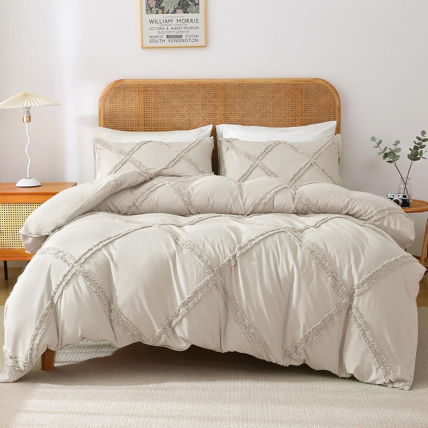 MILDLY Boho Duvet Cover Beige – Tufted Comforter Cover Set Geometric Textured Jacquard Queen Size Bedding Set with Corner Ties & Zipper Closure
