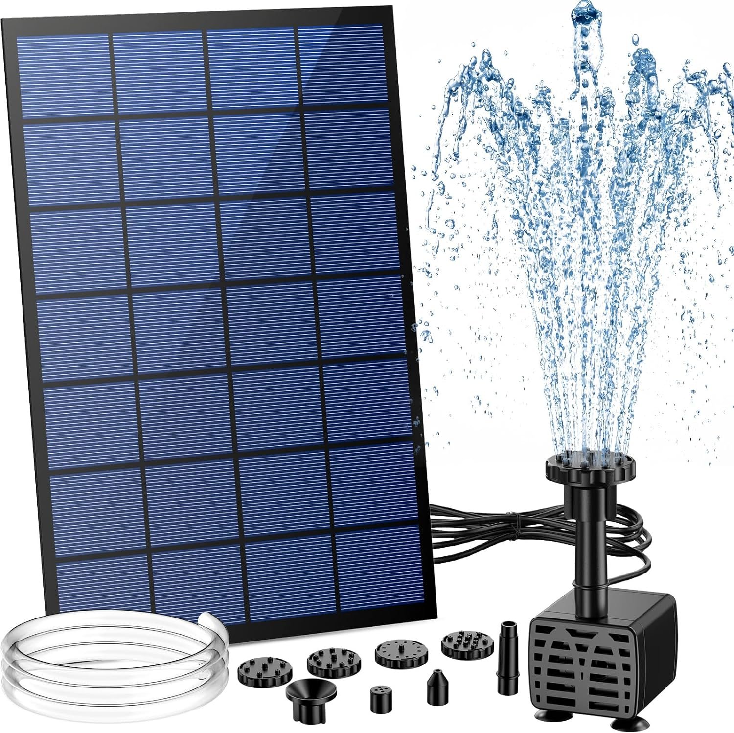 AMZtime 2.5W Solar Fountain Pump with Separate Panel & 10ft Cable | Solar Water Pump with 6 Nozzles for Bird Baths, Garden Ponds, Fish Tanks, and Patio Decor