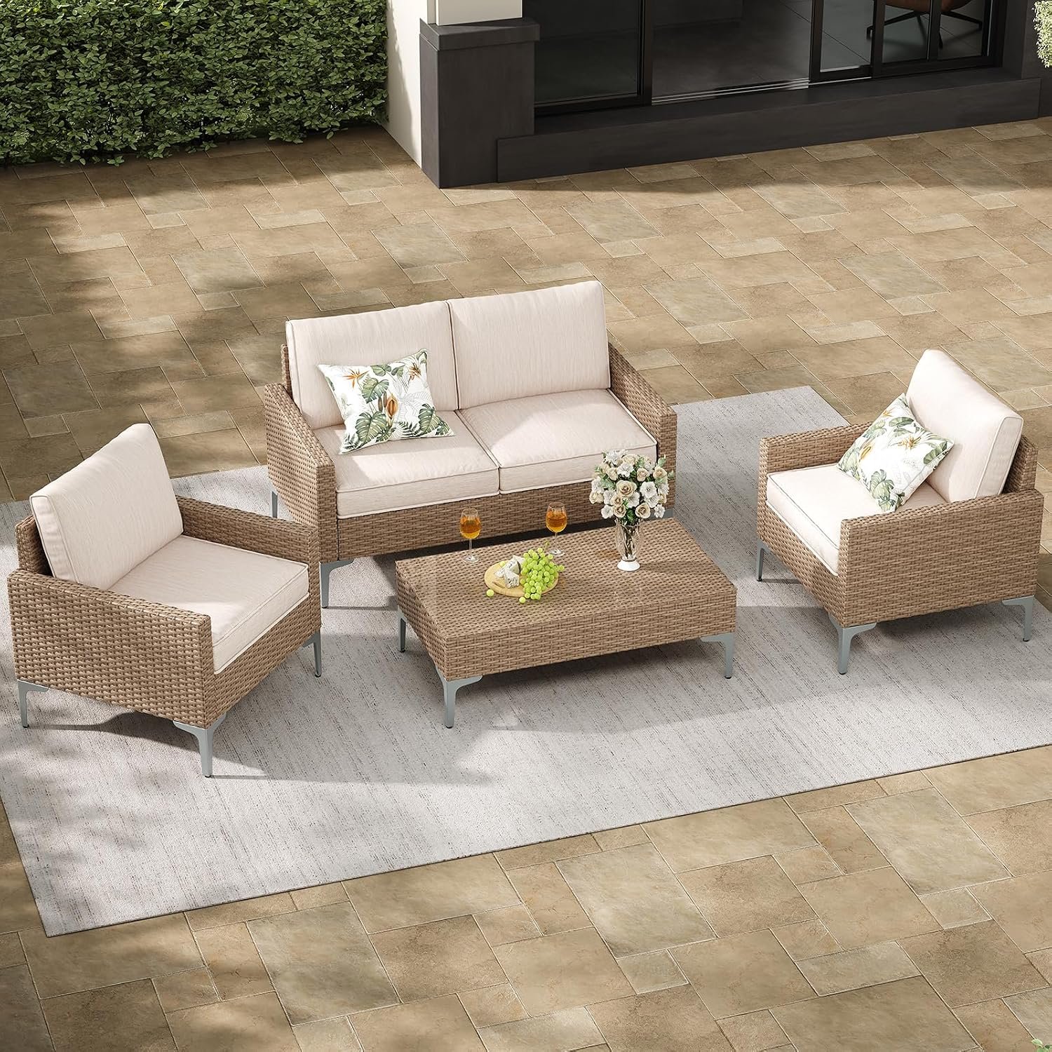 Jing’s Villa 4-Piece Outdoor Sectional Sofa Set, All-Weather Wicker Patio Furniture with L/R armrest & Tempered Glass Table, Comfortable Garden Conversation Set for Backyard, Poolside, Deck,Beige