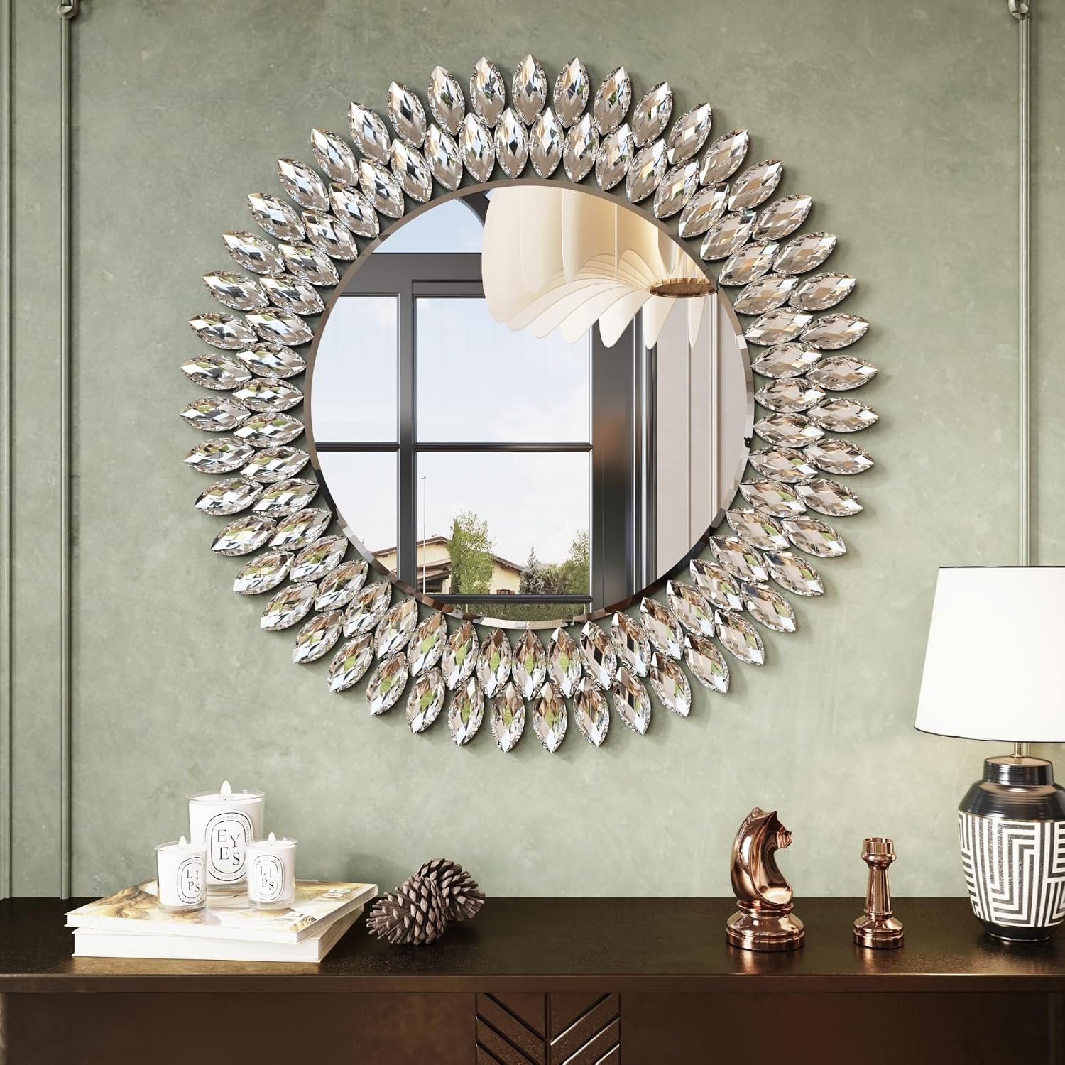 Kelly Miller 26″ Jeweled Luxury Round Decorative Wall Mirror | Elegant diamond beveled vanity mirror. Perfect wall mirror for living room, bedroom, entryway.
