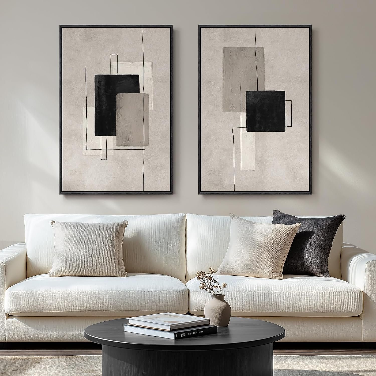 Large Framed Neutral Black Beige Abstract Wall Art for Living Room, 2 Piece Modern Canvas Prints Paintings Artwork for Walls, Minimalist Block Lines for Dining Room Bedroom Office Wall Decor 24×36 In