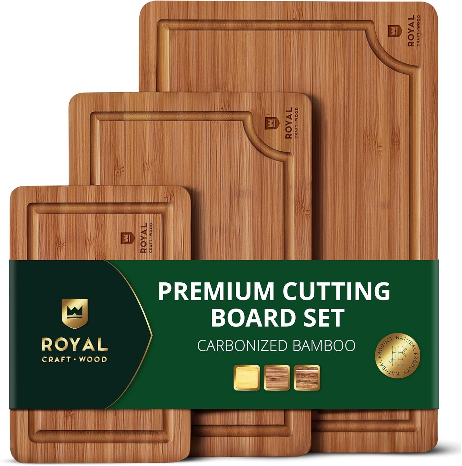 ROYAL CRAFT WOOD Wooden Cutting Boards for Kitchen Appliances – Non Toxic Bamboo Wood Cutting Board Set with Deep Juice Groove, Side Handles, Charcuterie & Butcher Block for Meat, Meal Prep & Serving