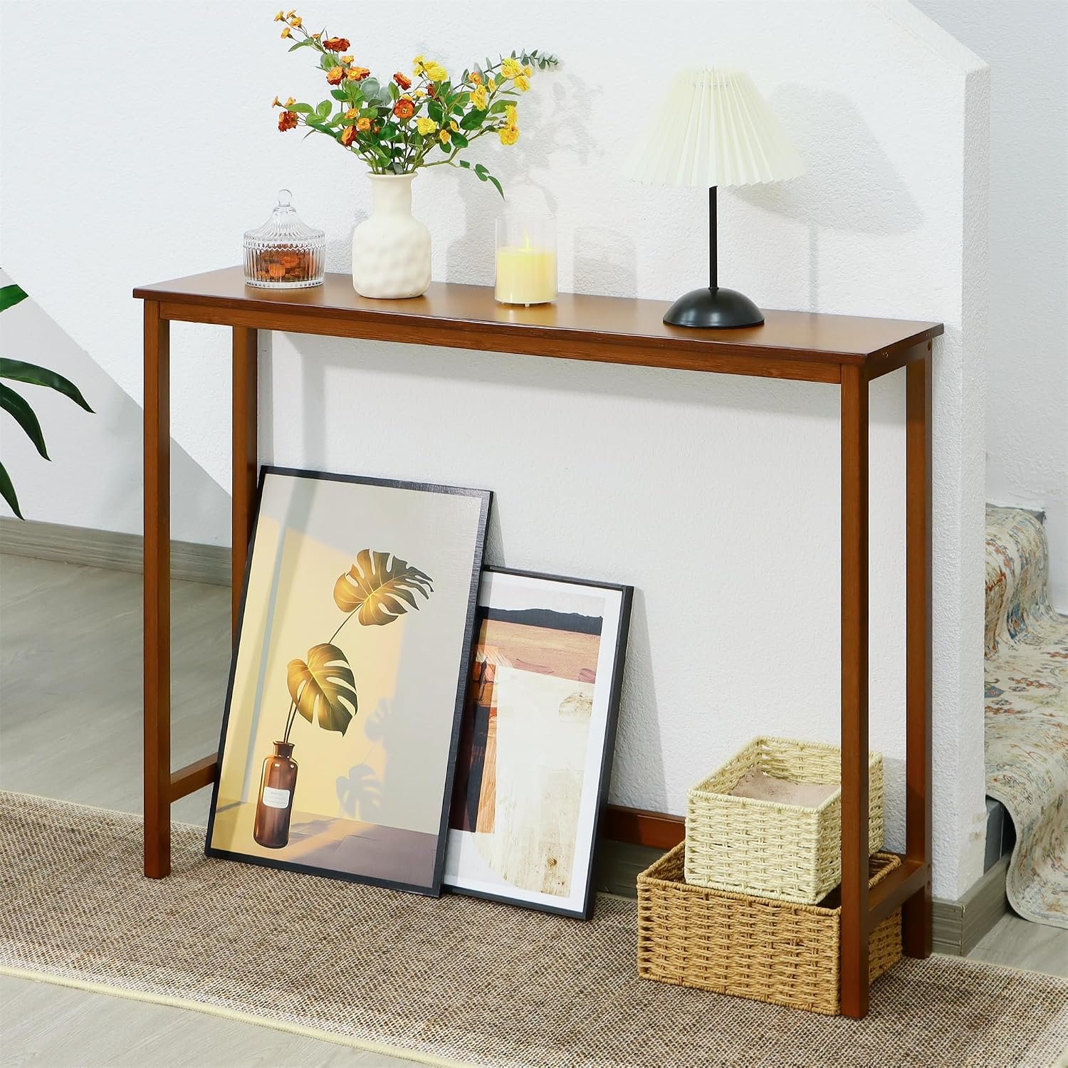 Bamboo Narrow Console Table, 39.4″(L) Wood Small Entryway Table, Accent Slim Hallway Tables, Thin Sofa Side Tables for Hallway, Living Room, Bedroom, Foyer, Walnut