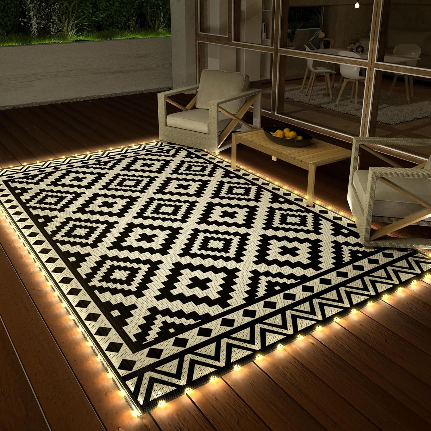 HAUSHOF 5′ x 8′ Outdoor Rug with LED Strip Light, Waterproof Patio Mat | Waterproof Surface, Easy-Clean Design, Reversible Double-Sided Use, RV Camping Beach Porch Balcony Use