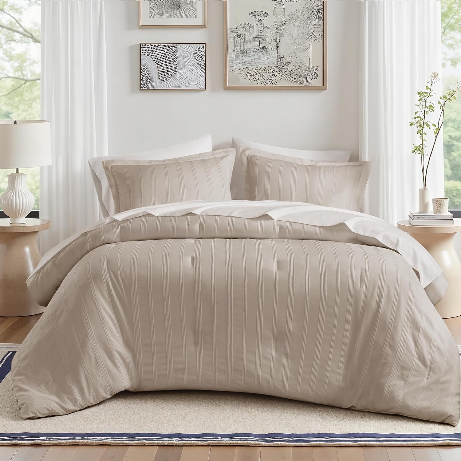 Madison Park Essentials Striped Comforter Set Queen, 7 Pieces Modern Minimalist Jacquard Bedding Set for All Season, Bed in A Bag with Sheet Set and Soft Brushed Reverse, Lightweight Neutral