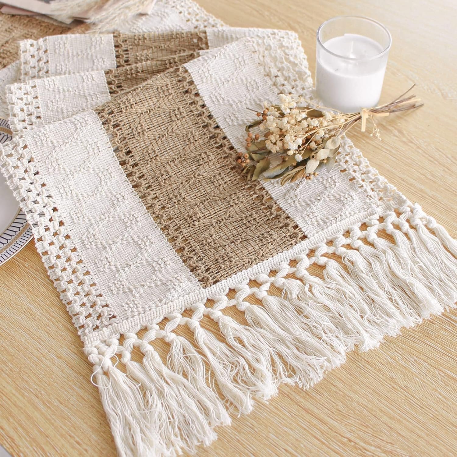 Boho Table Runner for Fall Home Decor 12×72 Rustic with Tassels | 72 Inches Long Farmhouse Kitchen Dining Room Macrame Burlap Coffee Table Decoration Dresser Runner Pottery Barn Furniture