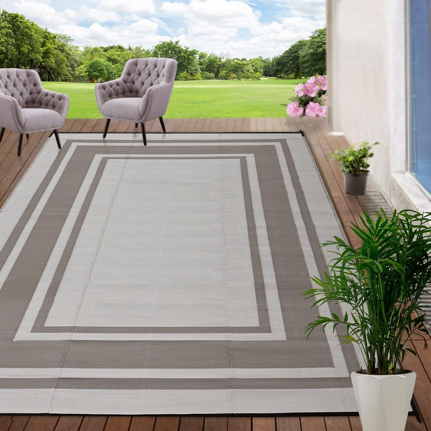 RURALITY Outdoor Rugs 8’x10′ Waterproof for Patios Clearance,Plastic Straw Mats for RV, Camping,Backyard,Porch,Deck,Balcony,Reversible,Geometric