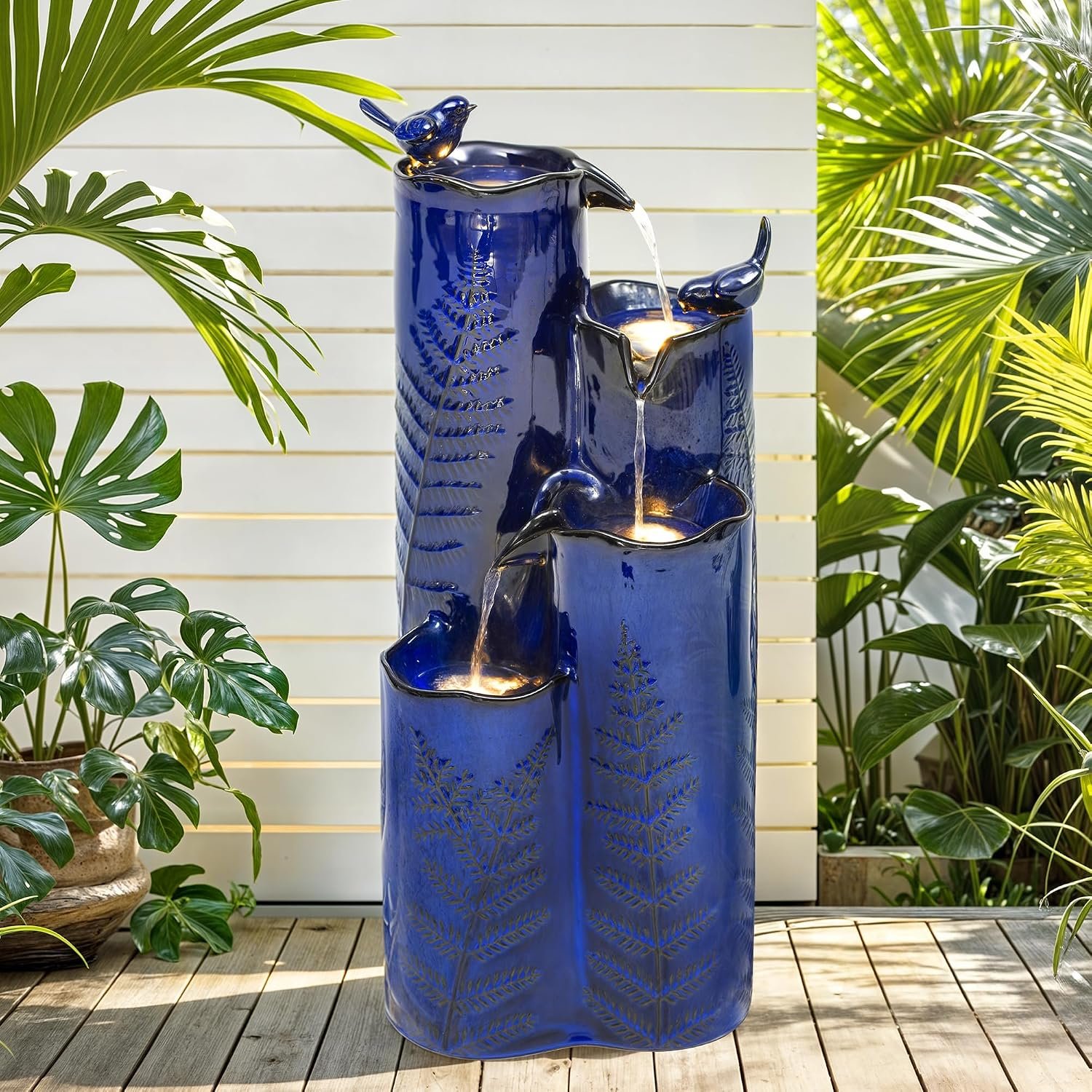 Autodaya 32″ H Ceramic Outdoor Water Fountain with LED Lights, 4-Tier Vase | Cascading Waterfall with Cobalt Blue Glaze, Fern-Texture, Upgraded Pump, Bird Water Feature for Garden Patio Yard Porch Decor