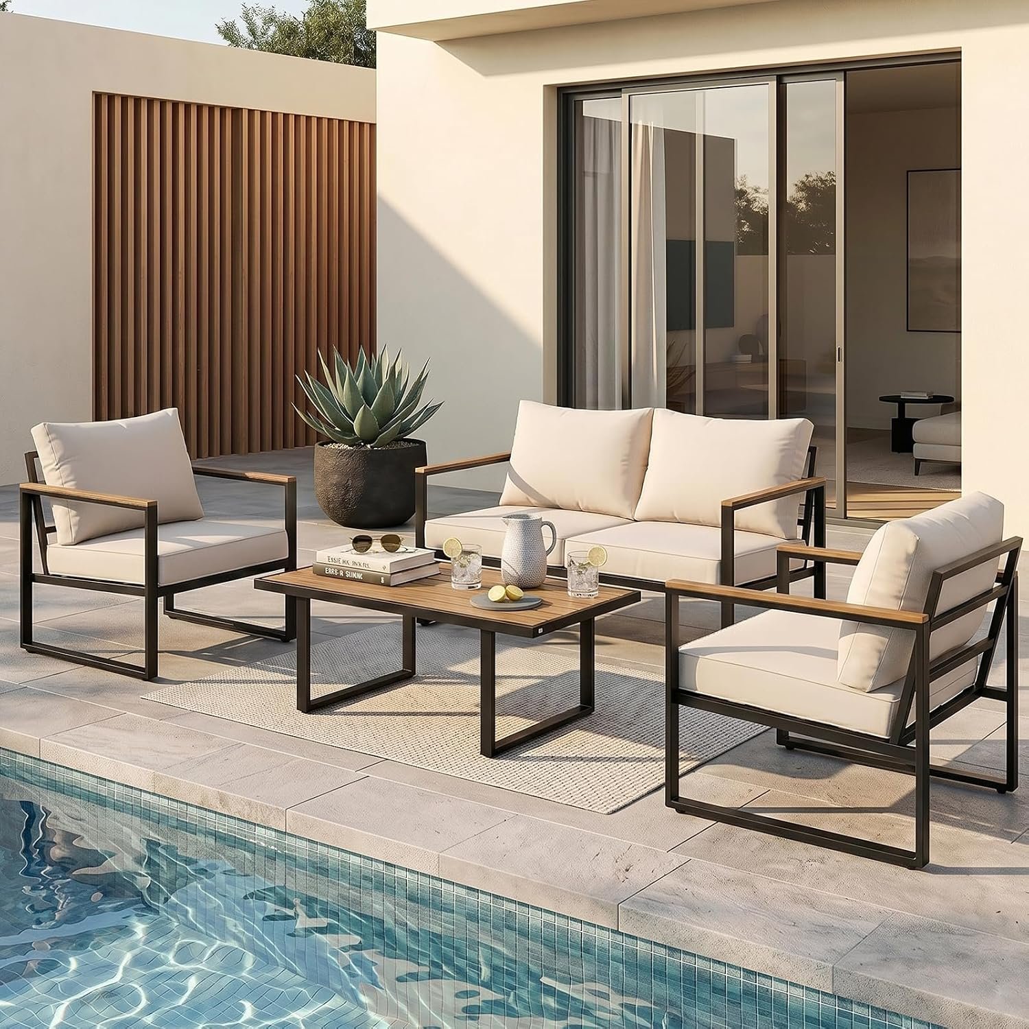 Modern Patio Furniture Set, 4 Pieces Outdoor Conversation Set with Coffee Table, Metal Patio Furniture with 4″ Washable Foam Cushions, Ships in 1 Box, Beige