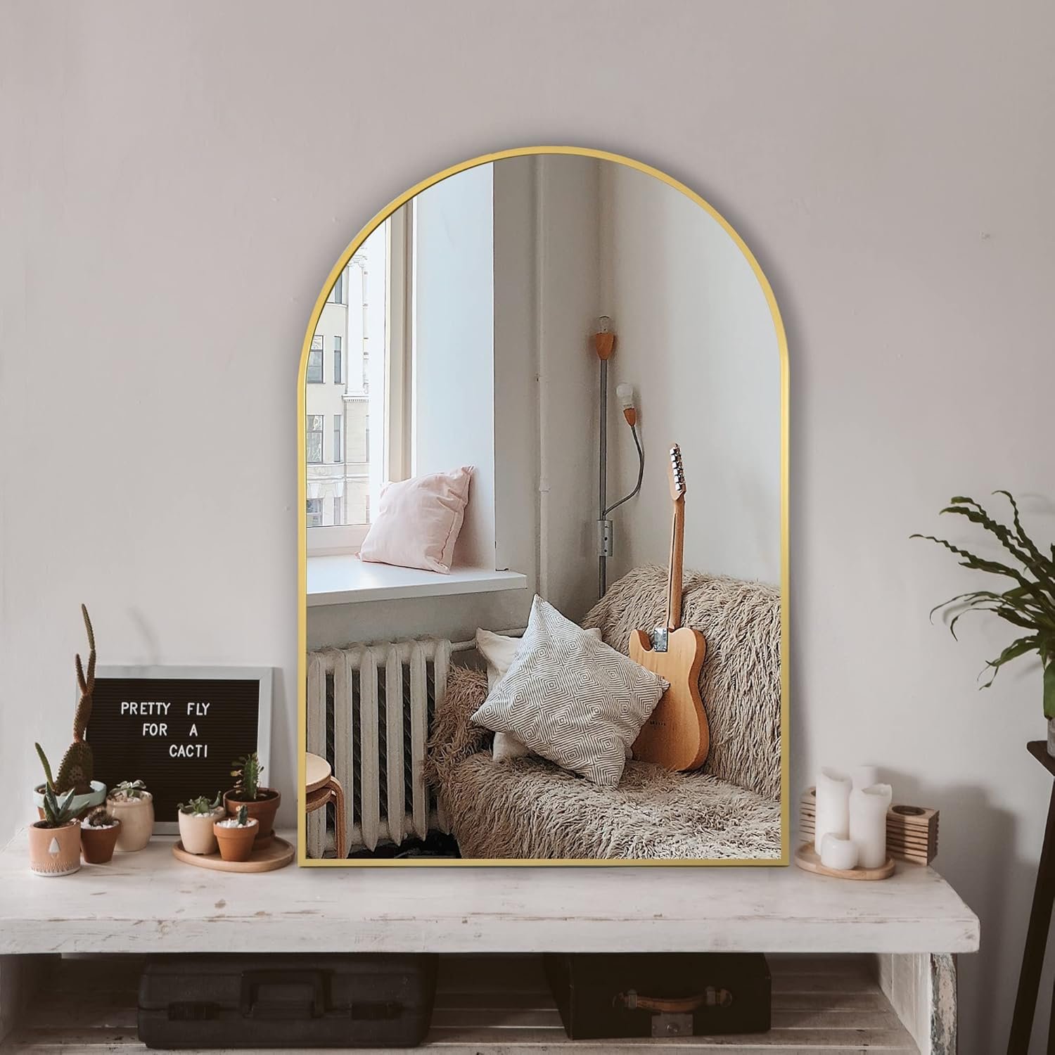 Arched Bathroom Mirror for Wall, 36″ x 24″ Gold Metal Frame Vanity Mirror, HD Glass Over Sink for Bathroom, Entryway, Bedroom