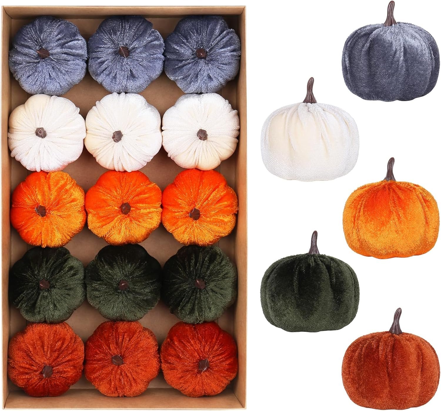 Super Holiday 15PCS Fall Pumpkins for Indoor Autume Thanksgiving Home Decor | Artificial Small Flocked Foam Faux Pumpkins, for Harvest Farmhouse Halloween Holiday Party Tray Decorations