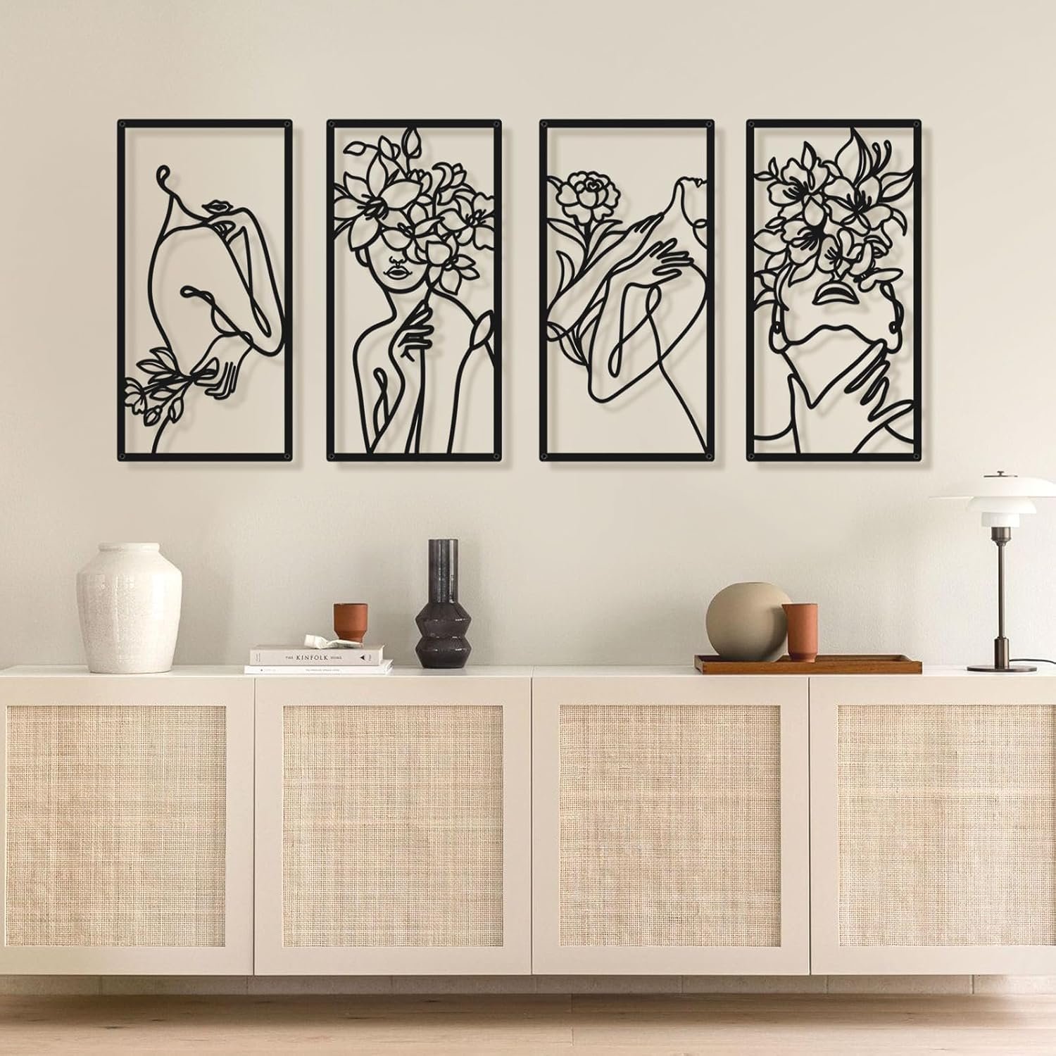 Black Metal Abstract Wall Art, Minimalist Woman Flower Bathroom Wall Decor | 3D Line Wall Sculptures for Bedroom, Bathroom, Office, Living Room (4 Pcs, 17×9 in)