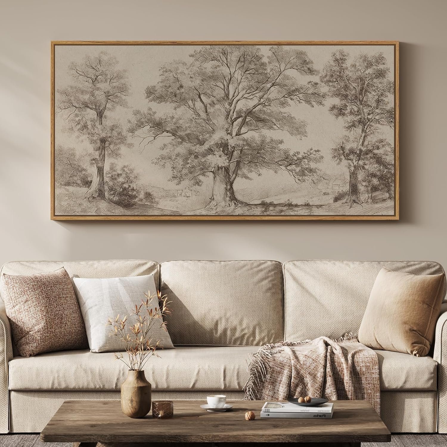 Framed Vintage Landscape Canvas Wall Art for Living Room, Extra Large Horizontal Rustic Tree Botanical Picture Prints Paintings, Neutral Wabi Sabi Artwork Decor for Bedroom Entryway 60×30 Inch