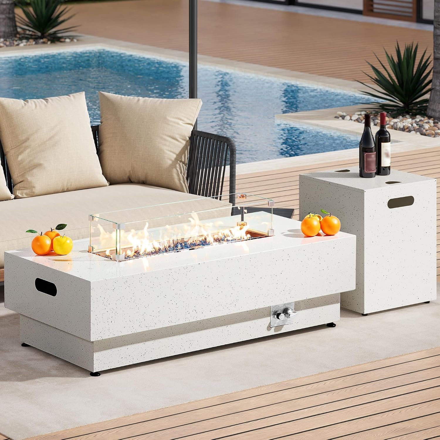 IRONCK 50-Inch Outdoor Propane Fire Pit Table w Tank Table, White | CSA Certified, Rectangular Patio Fire Pit w Glass Rocks, Wind Guard and Cover, 58000BTU 2 in 1 Outdoor Heater for Deck Garden