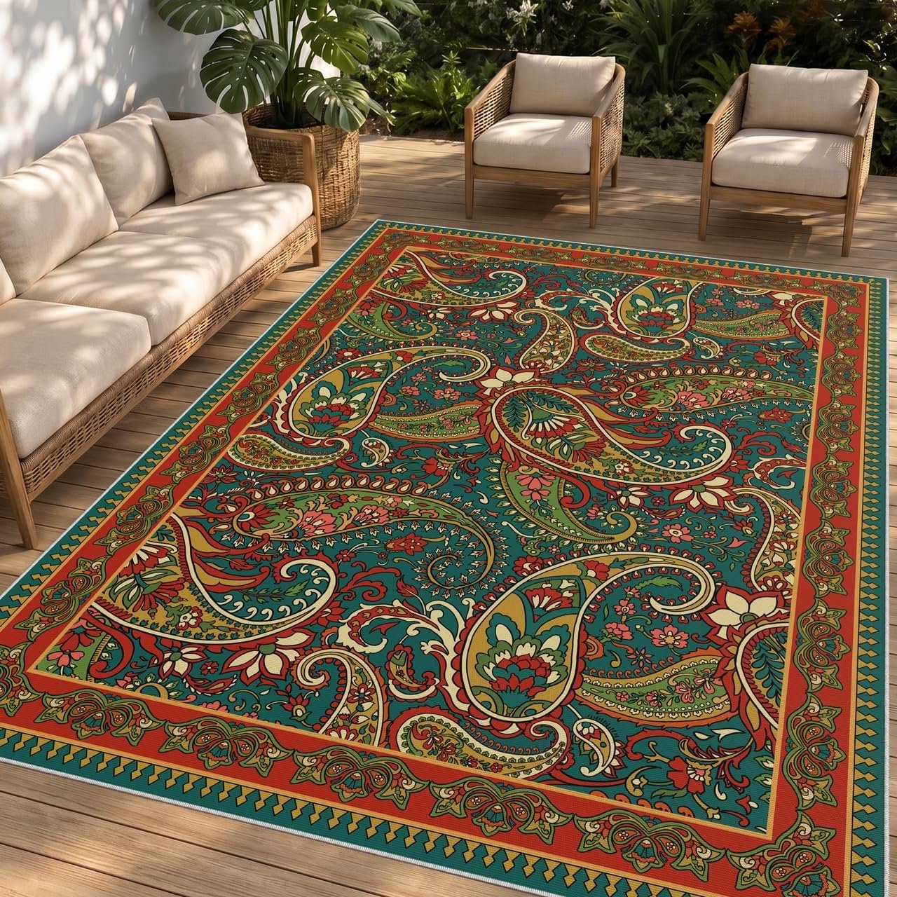 Arenarug Paisley Waterproof Outdoor Rug 5×8, UV Resistant, Terracotta | Non Slip, Easy to Clean, Faux Linen Outdoor Carpet for Patio, Deck Balcony Backyard, Terracotta
