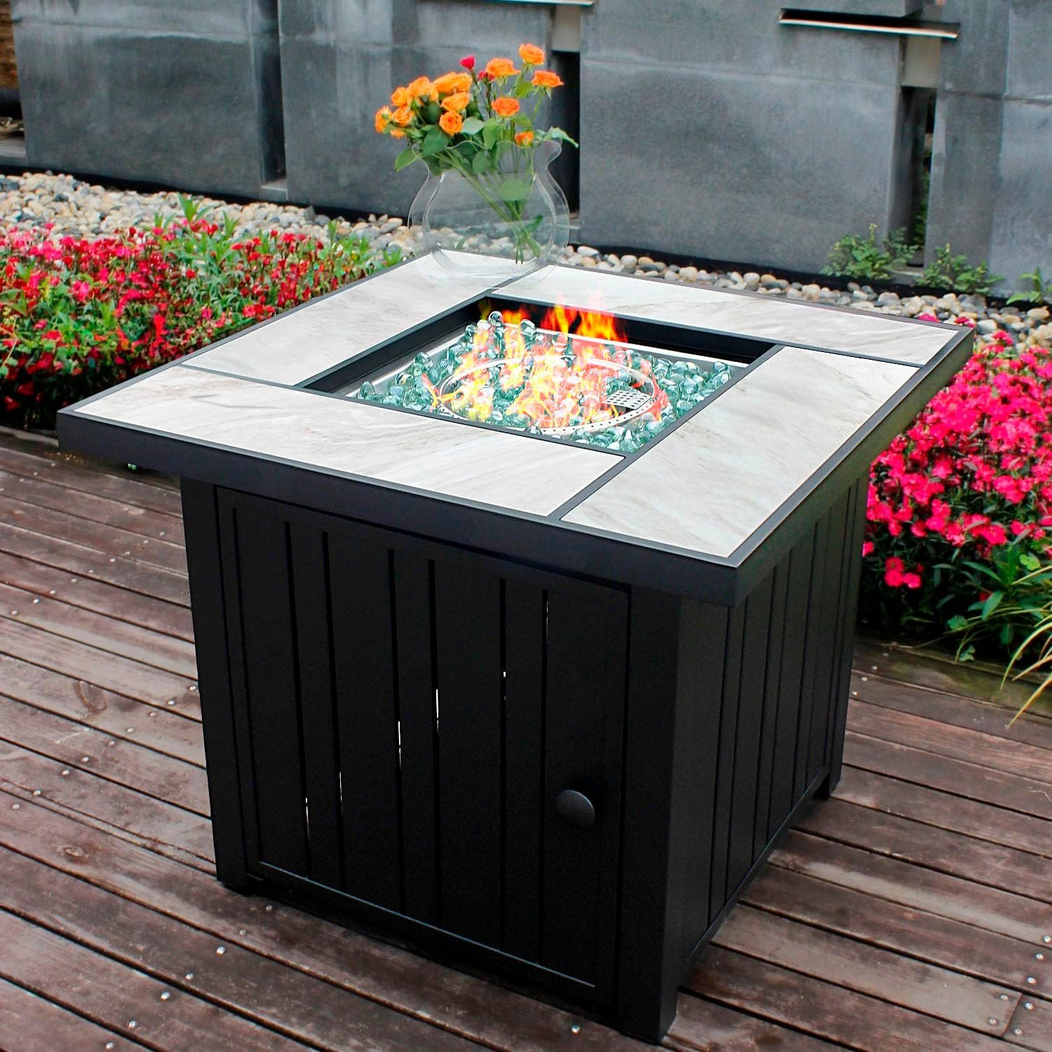 OutVue 30″ Propane Fire Pit with Real Ceramic Tabletop, 50000 BTU Gas Firepit Table with Lid & Glass Rock, Outdoor Fire Pit for Dining or Party, Firepit for Outside, Patio, Garden, Yard