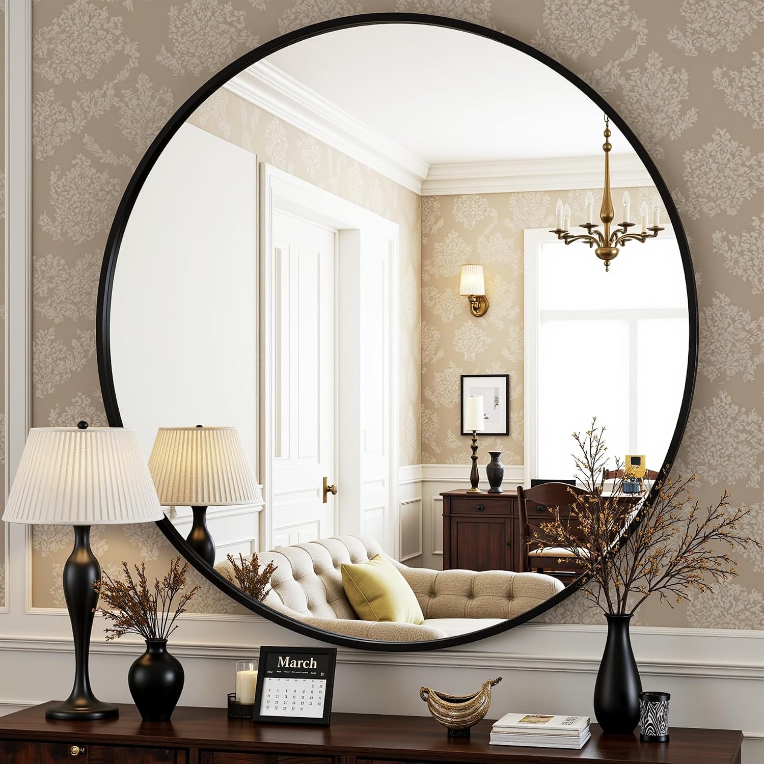Antok 24 Inch Round Mirror for Wall, Round Bathroom Mirror, Circle Wall Mirrors with Black Metal Frame, Circle Mirrors Suitable for Wall, Bathroom, Vanity, Living Room, Entryway