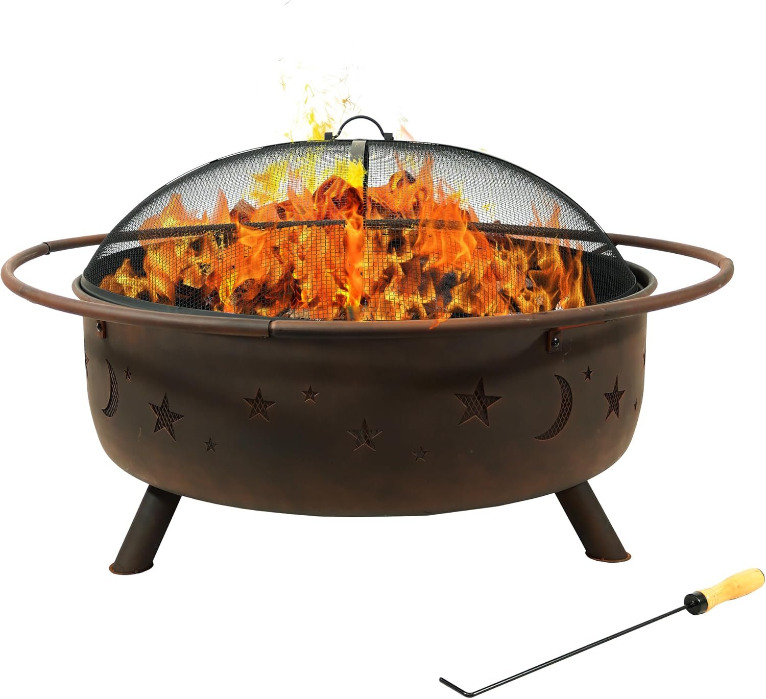 Sunnydaze Cosmic 42″ Large Outdoor Fire Pit, Wood Burning, 34″ Bowl Dia | Bronze, Heavy Duty Steel Metal, Includes Spark Screen, Wood Grate, & Poker, Round Backyard Firepit for Outside, Patio, Deck