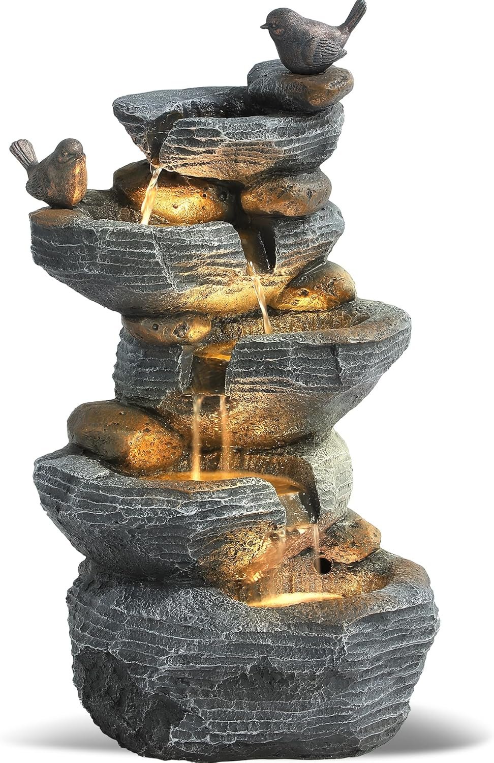 Grepatio Outdoor 5-Tiers Cascading Rock Water Fountain, Waterfall Fountain with 4 LED Lights, Outdoor Fountains and Waterfalls for Garden or Patio, Yard, and Deck Decor with Natural Stone Look
