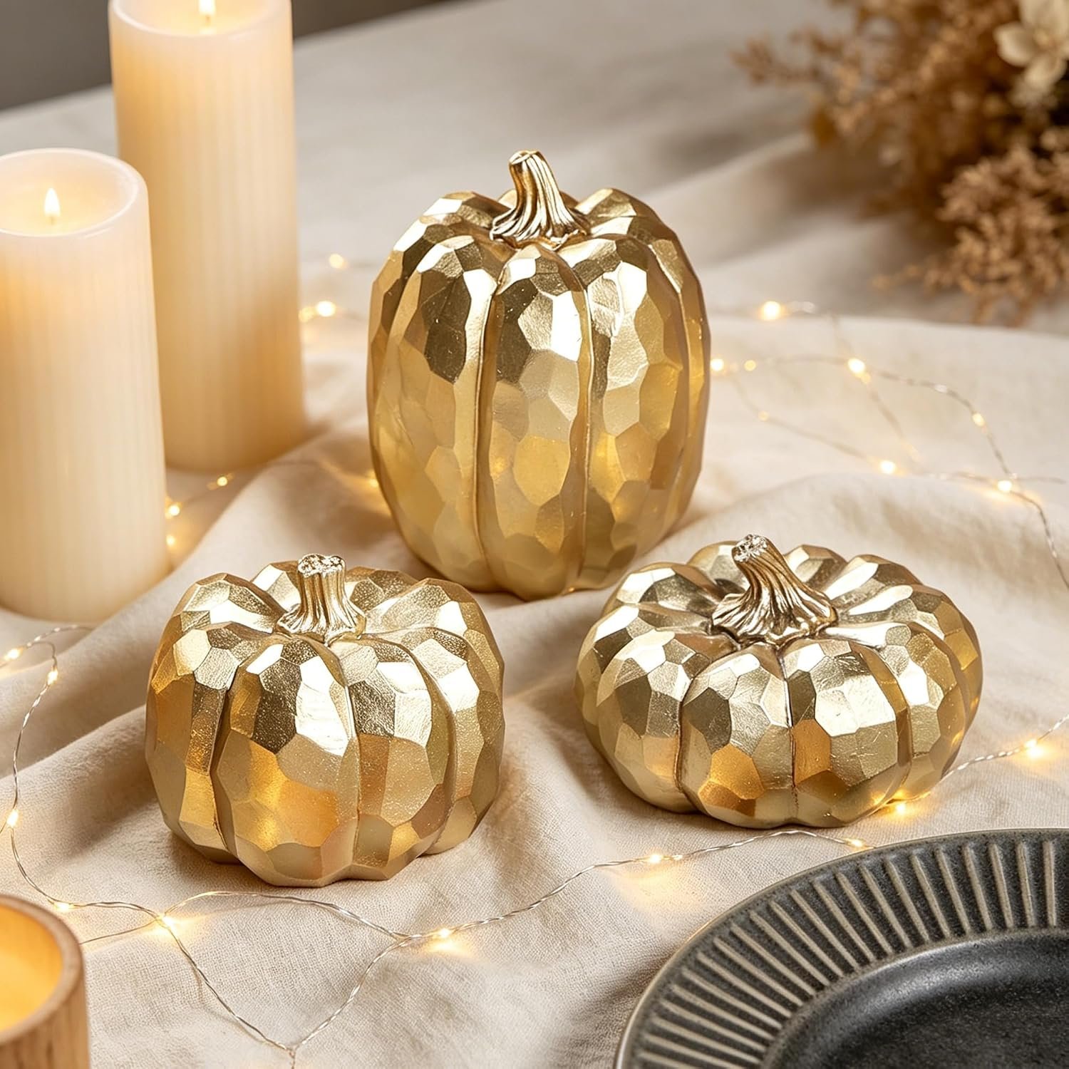 winemana 3 Pack Gold Pumpkins Fall Decorations for Home | Resin, Thanksgiving Decor, Artificial Decorative Pumpkin, For Office Table Mantel Indoor Fireplace Autumn