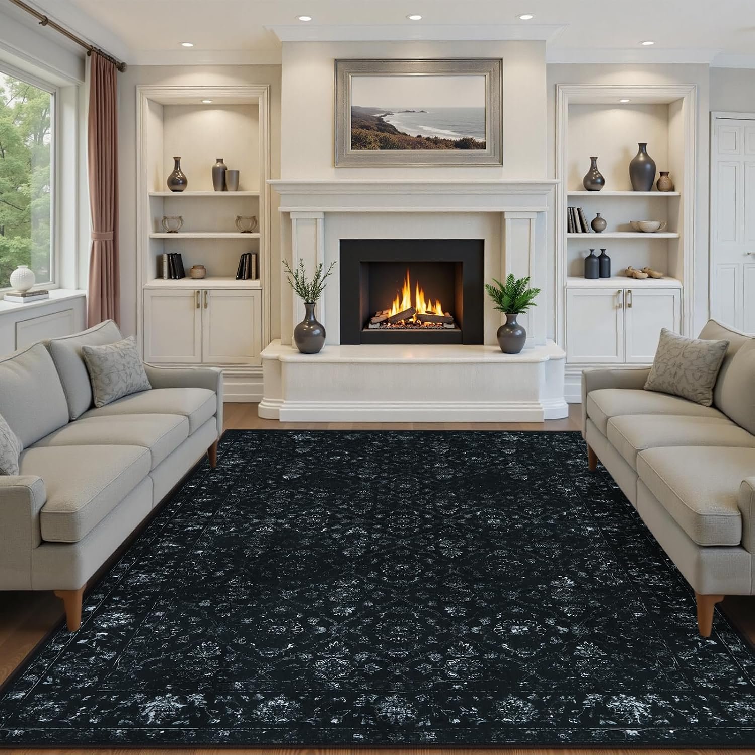 Vintage Black Rugs for Living Room, Ultra-Thin Washable Rugs 8×10 for Bedroom Non Slip, Non Shedding Soft Boho Carpet Rug for Dining Room Office (8’x10′, Black)