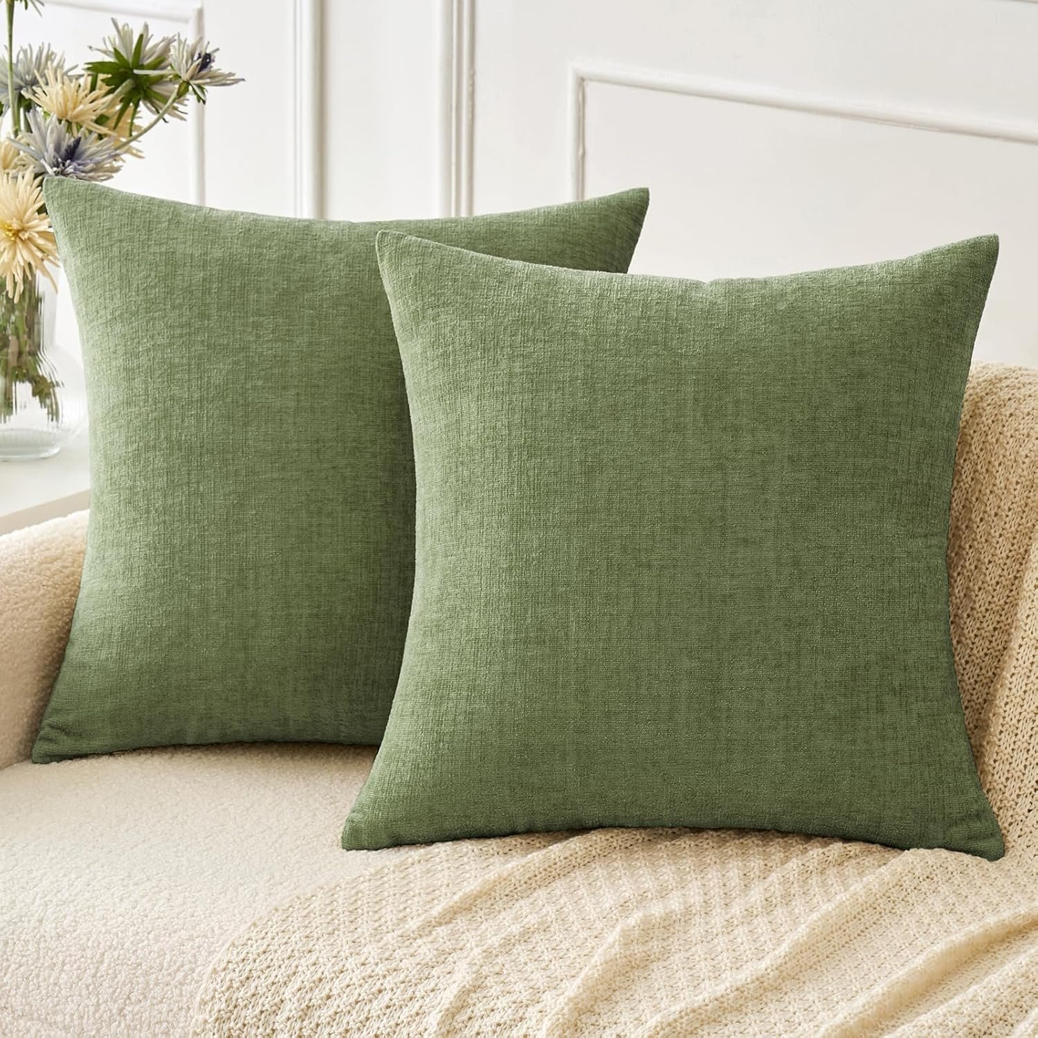 MIULEE Soft Chenille Throw Pillow Covers Sage Green 18×18 Inch Pack of 2 | Modern Home Decor, Classic Decorative Pillows, Solid Dyed Cases, Boho Couch Cushion Covers for Sofa Bed Living Room