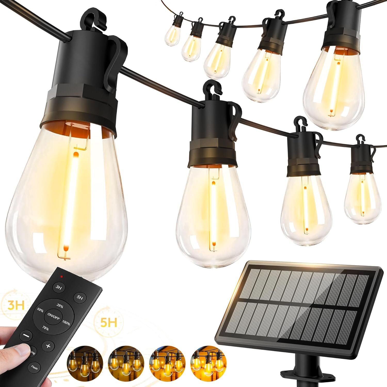 50ft Solar Powered Lights Outdoor – Waterproof String Light Outside Patio | Yard Garden Fence Backyard Deck Porch Balcony Patios Camping Battery Operated Lighting Hanging with LED Edison Bulbs S14