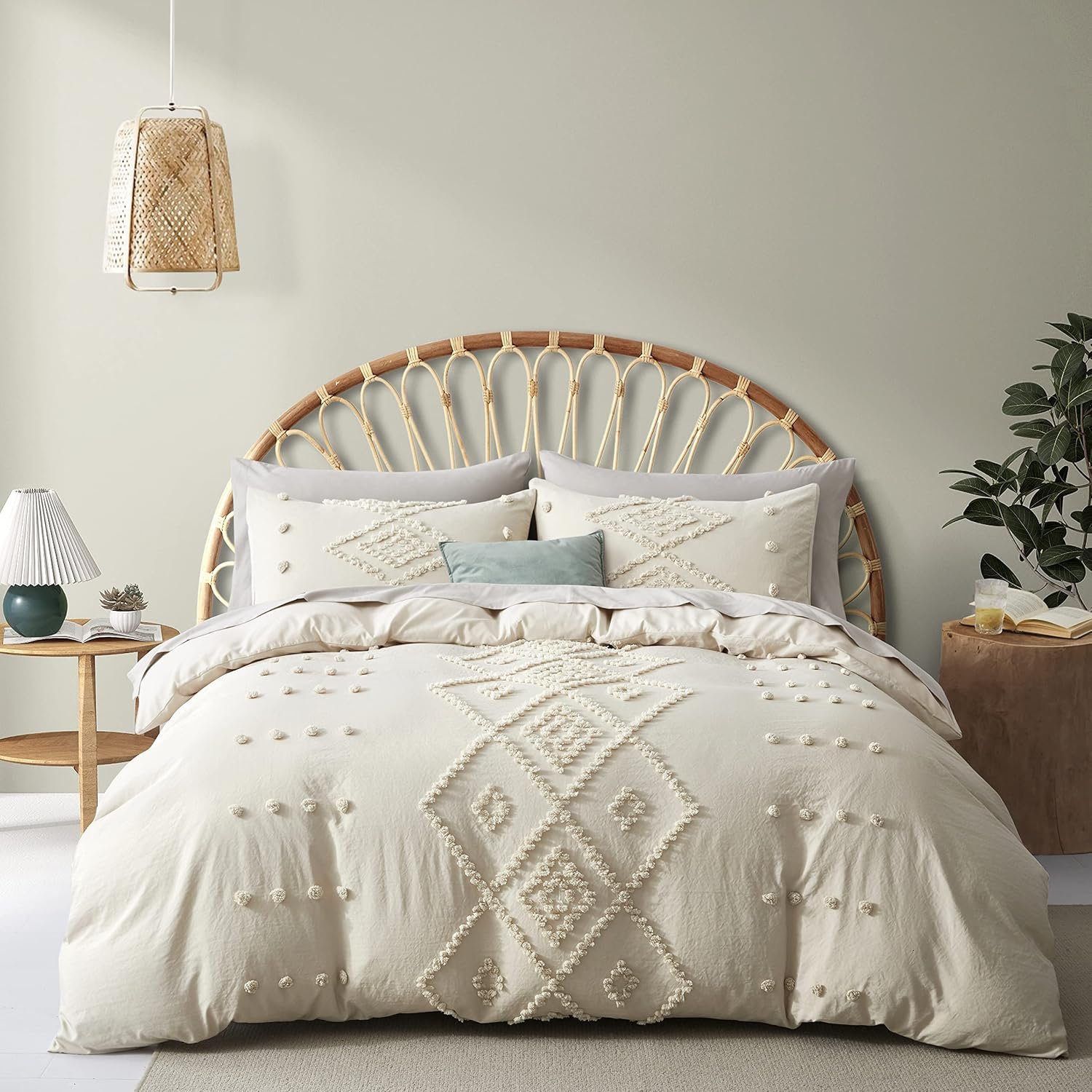 Oli Anderson Tufted Boho Queen Duvet Cover Set, Beige, 3 Pieces | Soft & Lightweight Microfiber, Diamond Geometric Textured Embroidered Bedding Set, Shabby Chic Style, Cozy Year-Round Comfort
