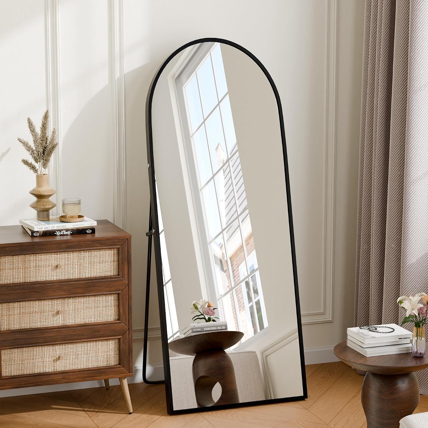 57″×20″ Full Length Mirror, Shatterproof Tempered Glass Floor Mirror, Alum Alloy Thin Frame Standing Mirror with Freestanding/Leaning/Wall Mount for Bedroom, Living Room & Entryway, Black
