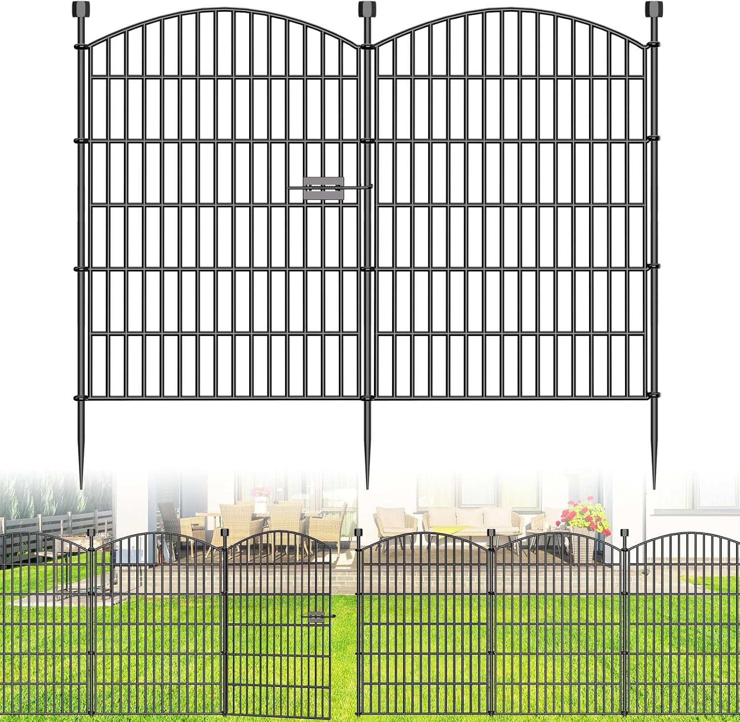 10 Panel No Dig Decorative Garden Fence with Gate 40″H x 23.6’L Dog Barrier | Rustproof welded Metal with deep stakes for outdoor yards, patios. Modular design contains pets, rabbits, small animals.