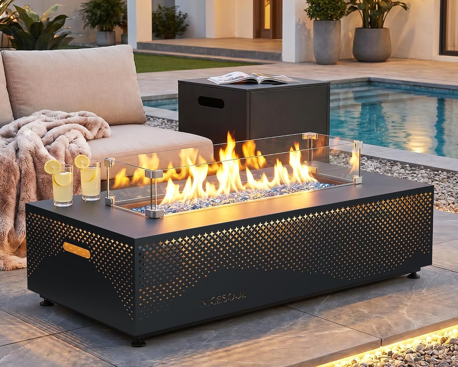 42” Propane/Natural Gas Fire Pit Table, Rectangle Firepits with Tank Table, 50000 BTU Modern Outdoor Fireplace with LED Lights for Outside Patio Backyard Deck Porch, CSA Certified, Dark Gray