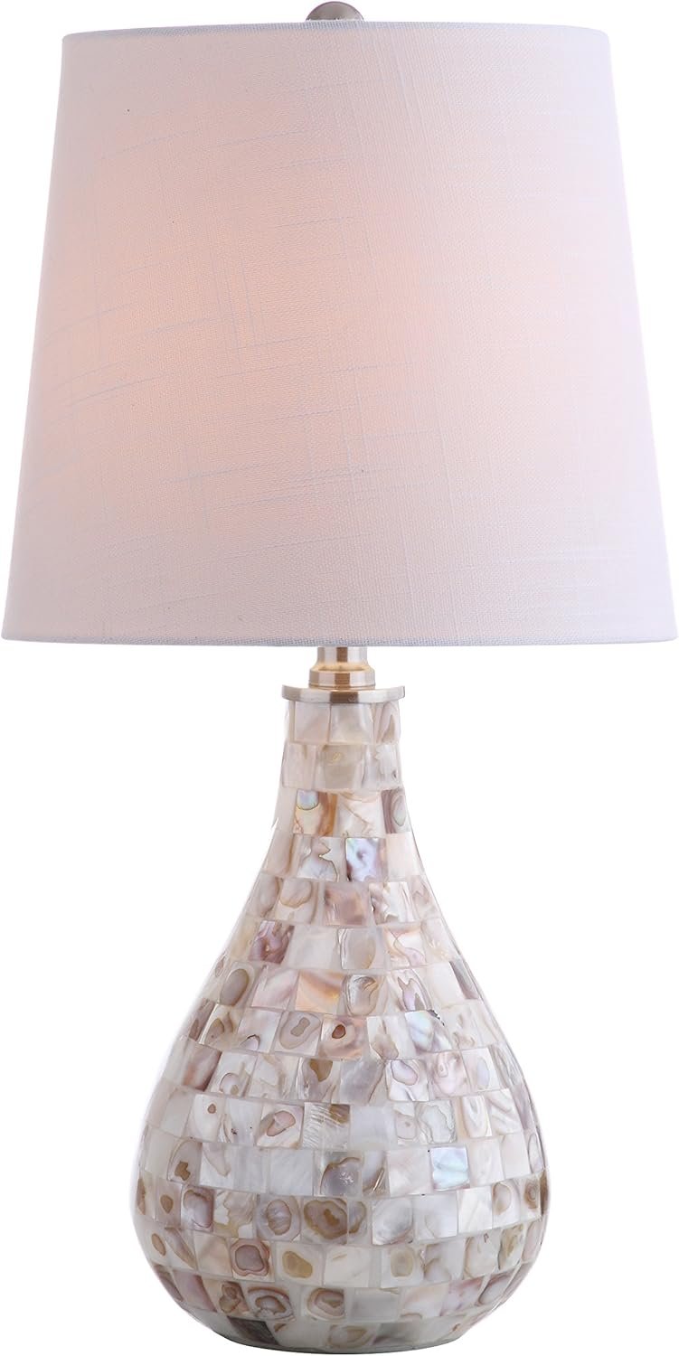 JONATHAN Y Mona Coastal Mini LED Table Lamp 20.5″ Bedside, Seashell | White Linen Drum Shade, Mother Of Pearl Resin Body, On-Off Rotary Switch, LED Bulb Included