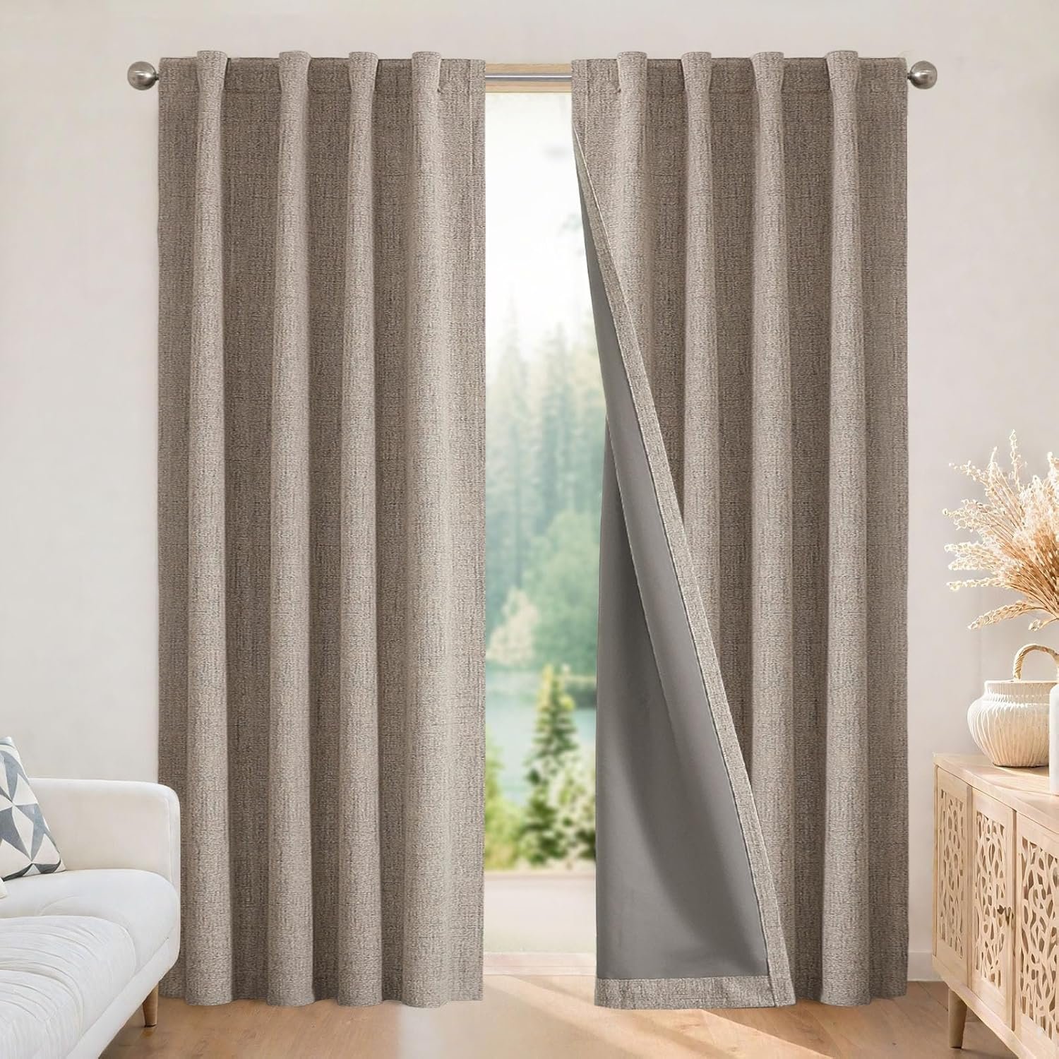 Joydeco 100% Blackout Curtains for Bedroom – Nature Linen 84 Inch Long Light Blocking 2 Panels Set, Rod Pocket & Back Tabs Living Room Drapes, Thermal Insulated Room Darkening Window Curtains