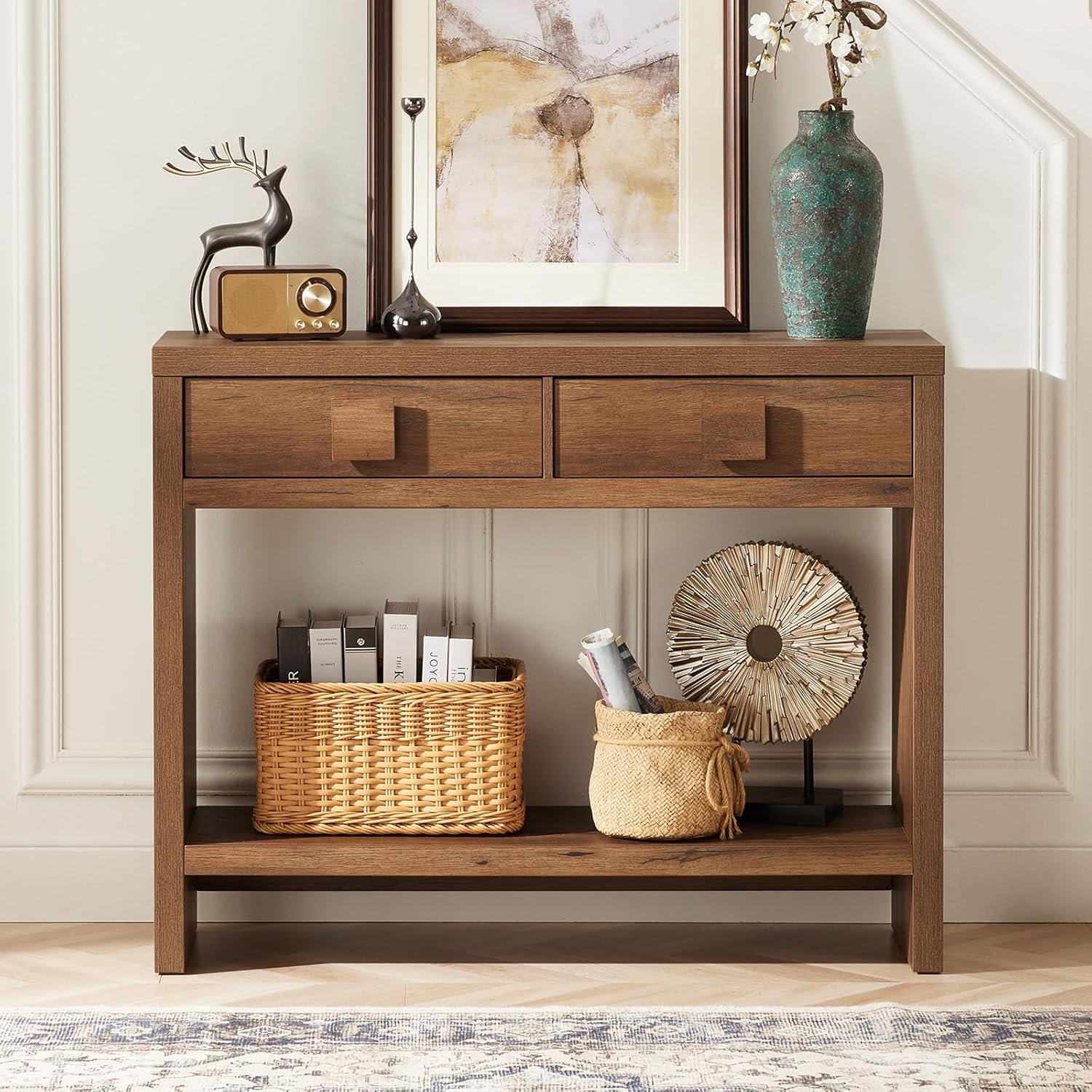 40 Inch Narrow Console Table with Drawers and Open Shelves | Entryway Table with Storage, Mid Century Modern Hallway Accent Tables Behind Couch Table for Living Room, Vintage Brown
