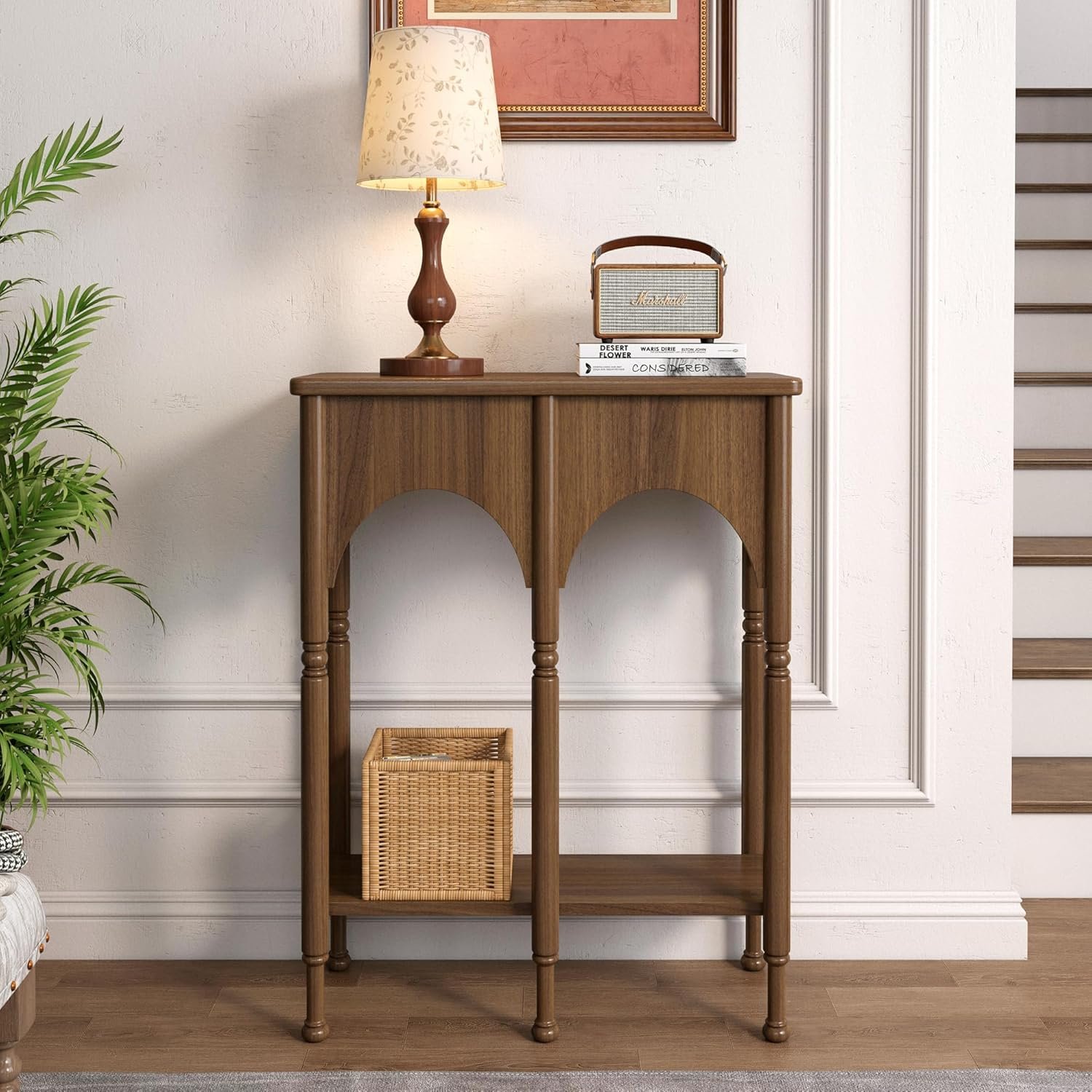 Console Table with Storage Shelf, 28″ Small Narrow Entryway Table | Vintage Wooden Table with Roman-Style Legs, Retro 2-Tier Sofa Table for Living Room, Hallway, Brown