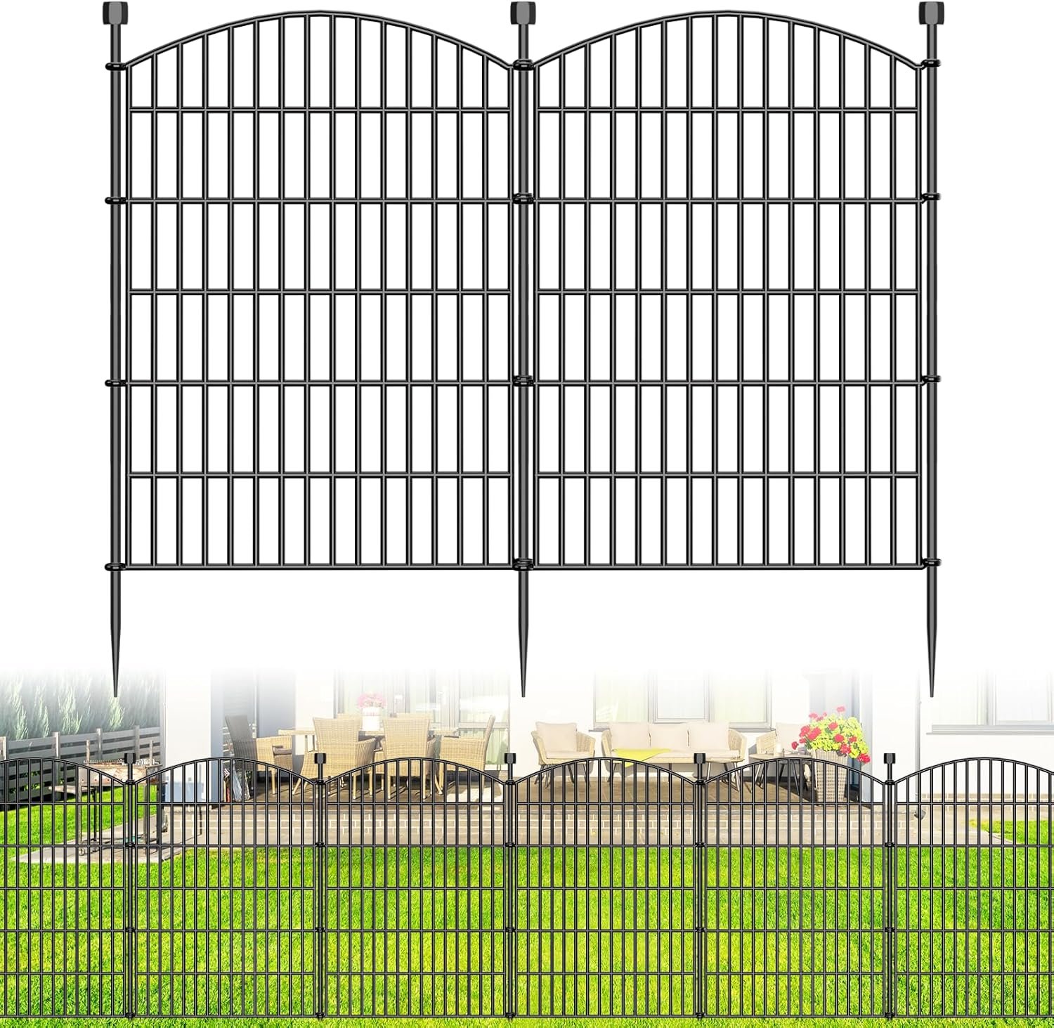 10 Panel No Dig Decorative Garden Fence 40″ H x 23.6’L Outdoor Dog Barrier | Rustproof welded metal with deep ground stakes for yards, patios. Modular design contains pets, rabbits, small animals.