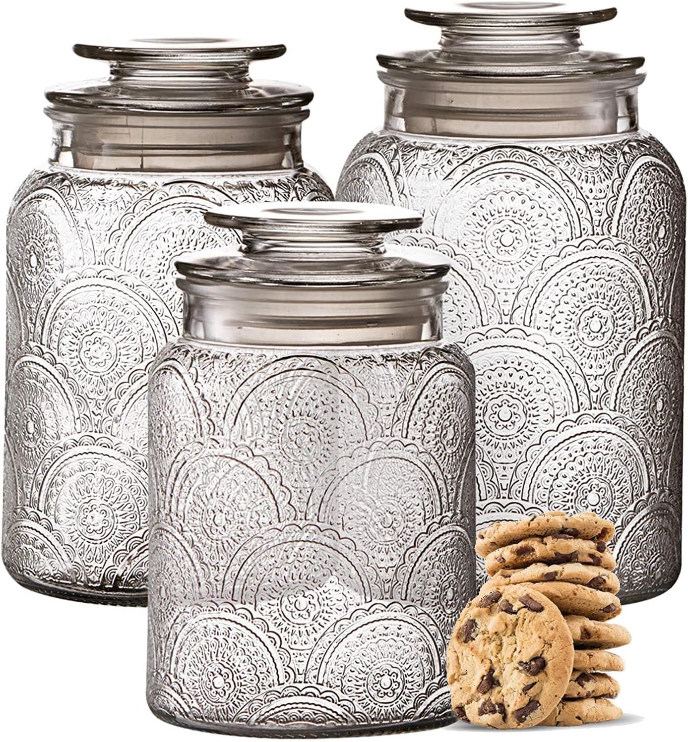 Le’raze Food Storage Containers with Airtight Lids – Retro Design – Pantry Organization, Glass Canisters Storage for Cookies, Tea, Sugar, Candy Jars, Sugar Packet, Set of 3