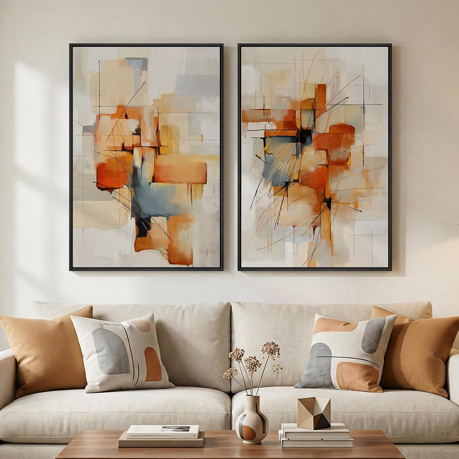 Large Framed Blue Orange Block Abstract Wall Art for Living Room, 24×36 In | 2 Piece, Canvas prints, Colorful paintings, Modern minimalist artwork, Orange block pictures, Dining room bedroom wall decor