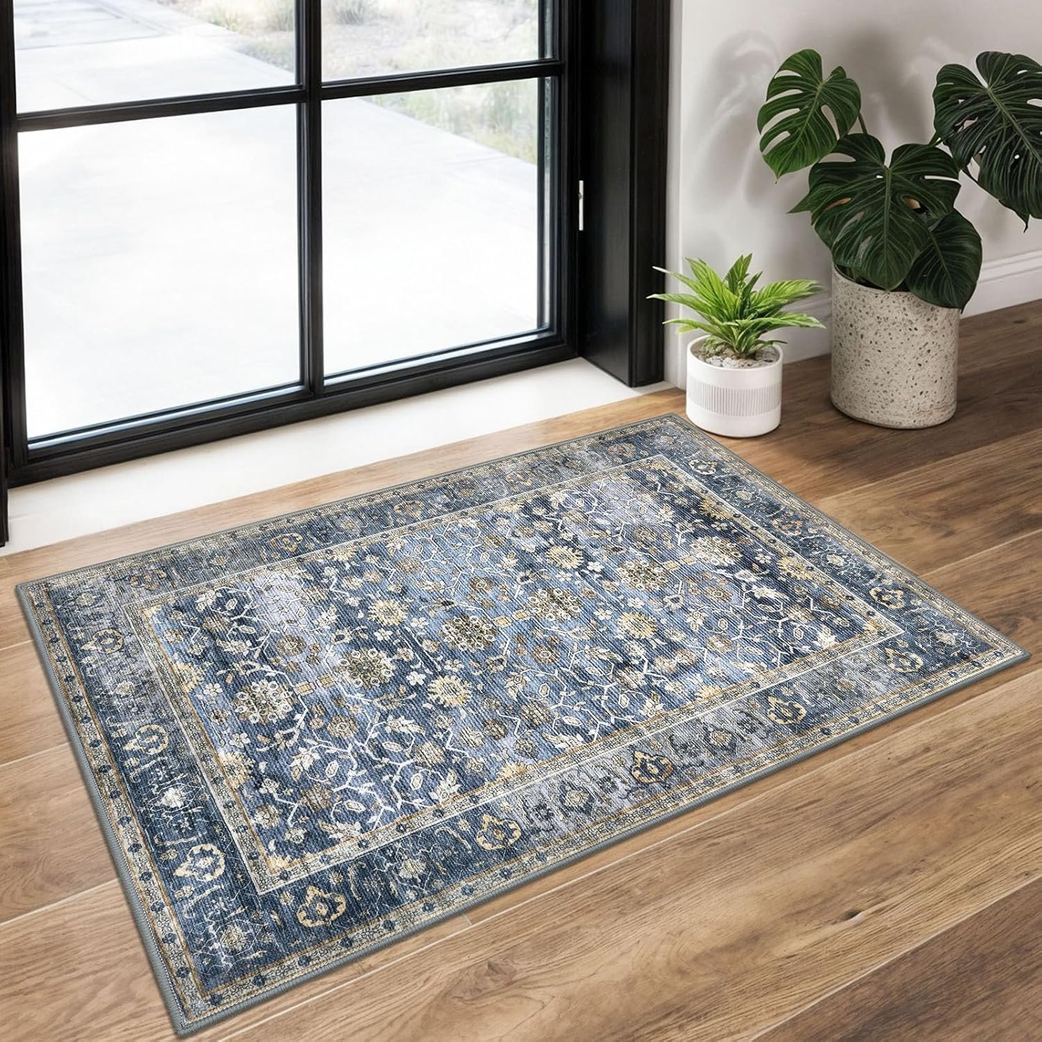 KUTA Vintage Floral Washable 2×3 Rugs for Entryway Blue Grey Beige | Non-Slip, Non-Shedding, Low Pile, Ultra Soft Throw Rug for Kitchen, Entrance, Front Door, Bathroom, Bedside, Small Spaces