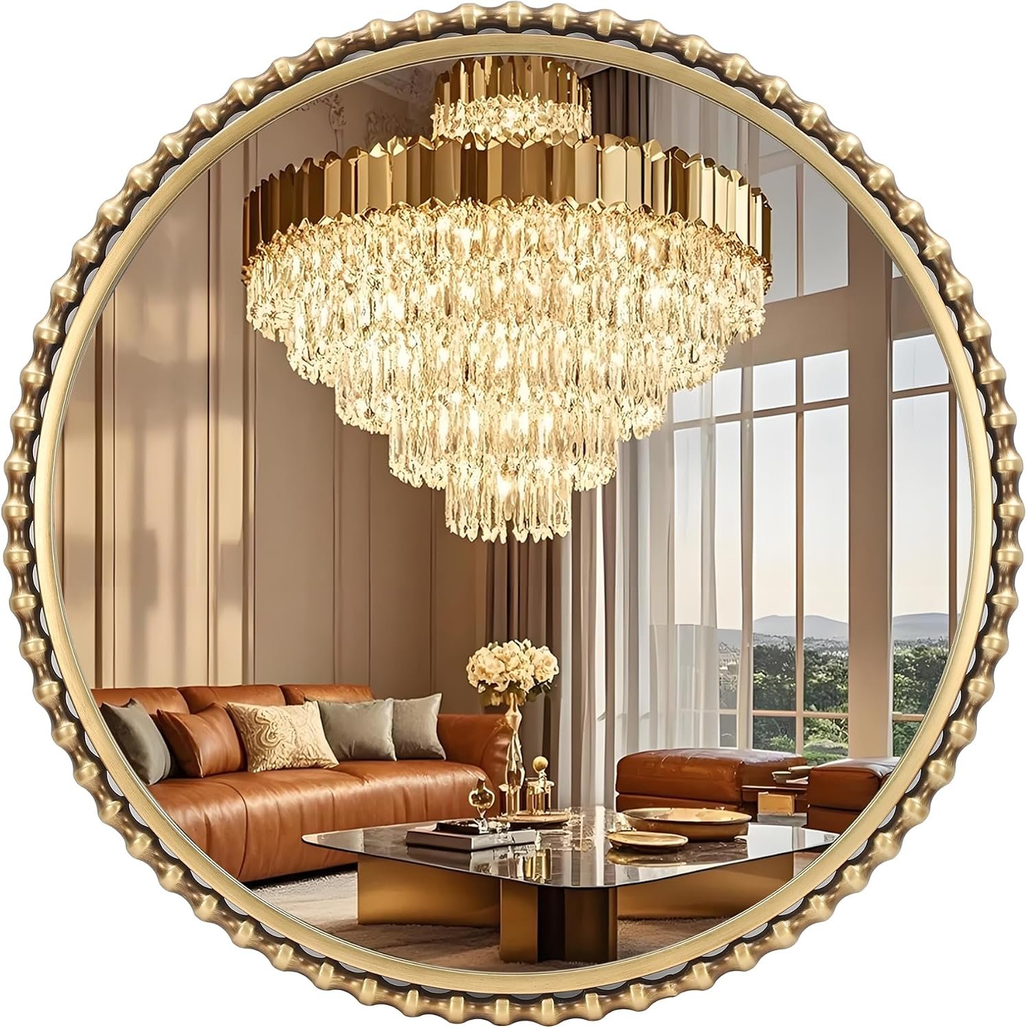 30″ Round Bathroom Mirror, Antique Gold Bold Beaded Frame | Large vintage round wall-mounted accent mirror for vanity, bedroom, living room, entryway, dressing room