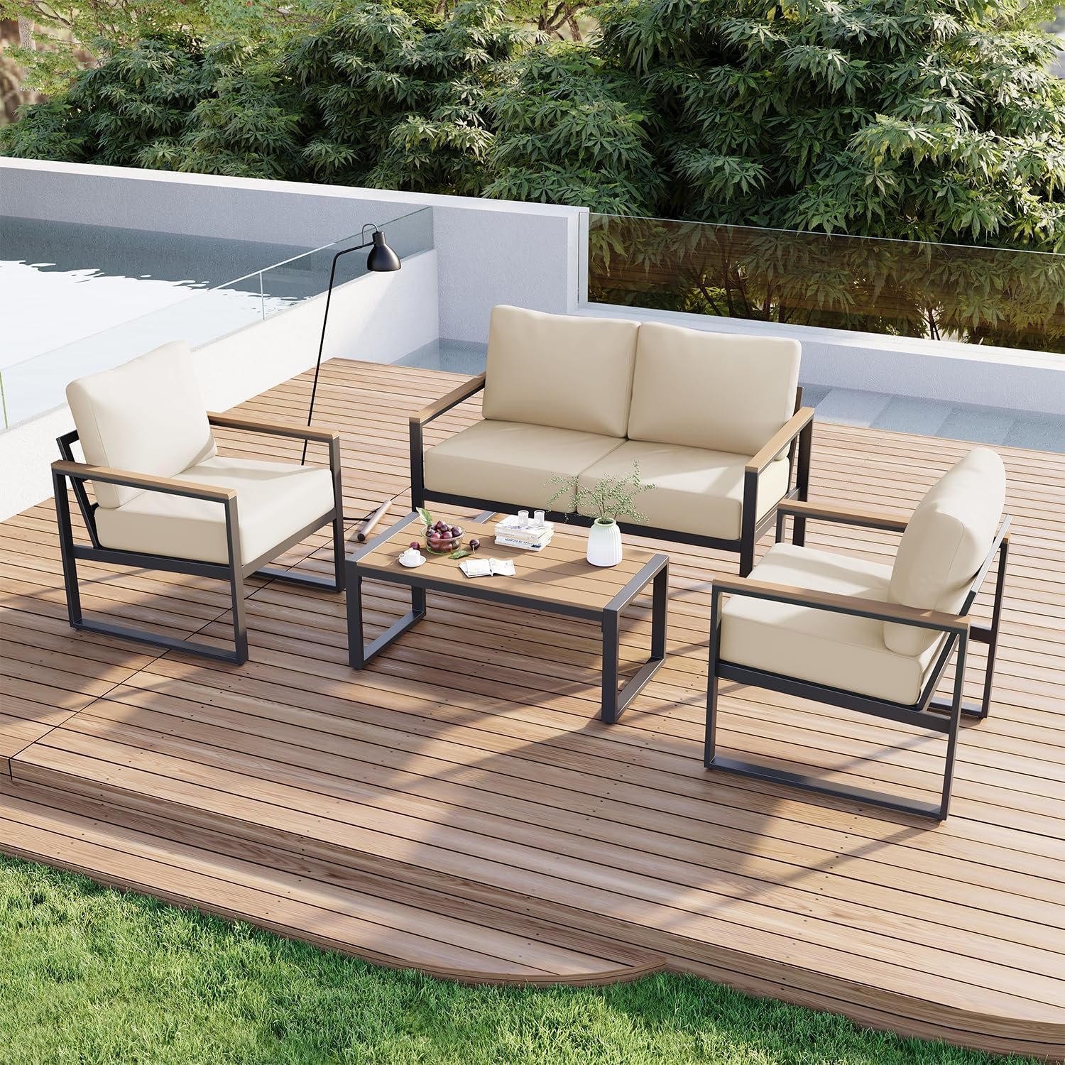 Aoxun Patio Furniture Set, 4 Piece Outdoor Patio Furniture with Thick Cushions, Modern Metal Outdoor Conversation Sets with Coffee Table for Porch, Balcony, Deck Beige