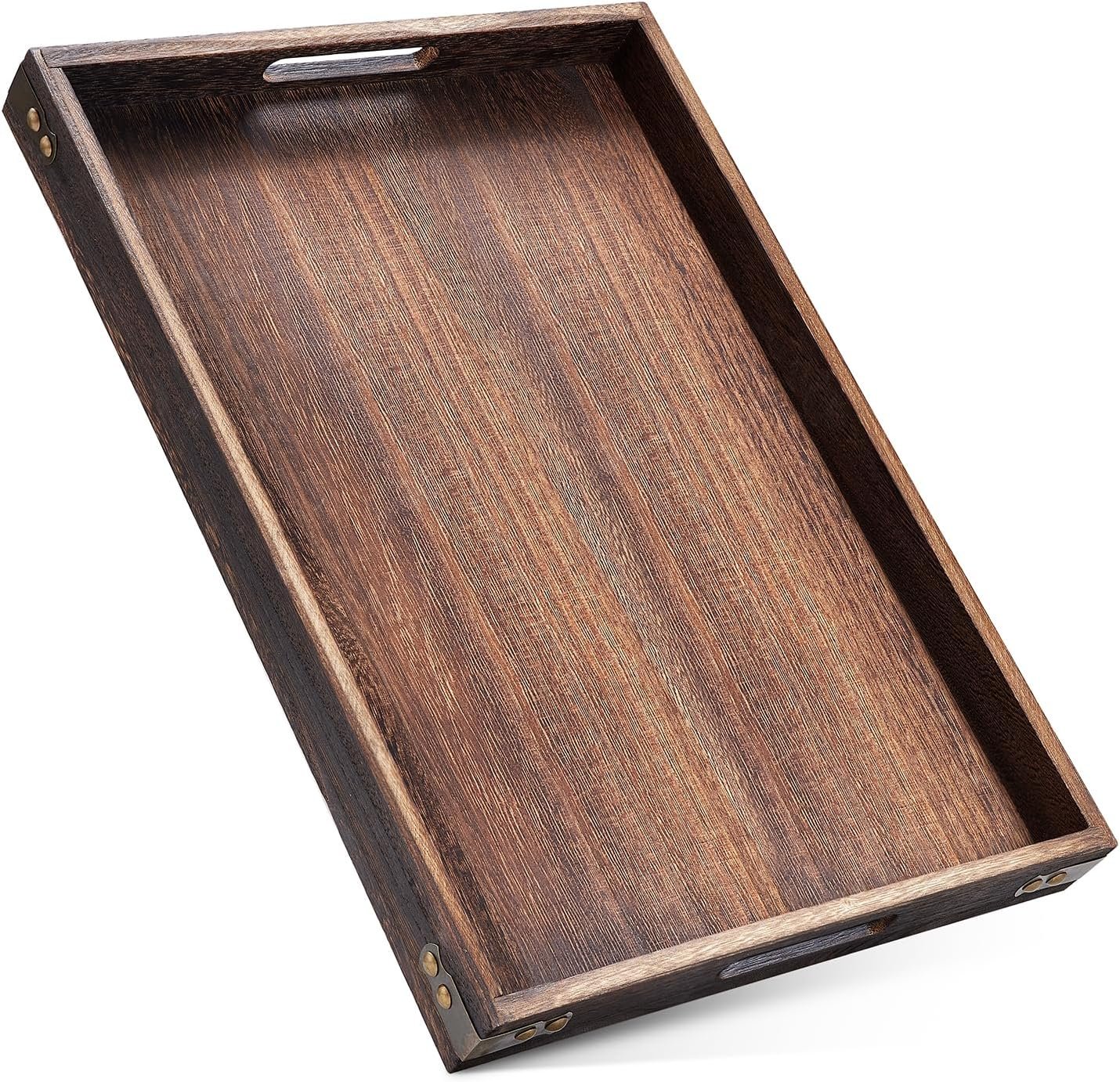 Wood Serving Tray – 17In Large Serving Tray with Handles | Decorative Tray | Wooden Coffee Table Tray&Charcuterie Boards,Serving Platter for Breakfast in Bed,Rectangular Tray for Ottoman/BBQ/Kitchen